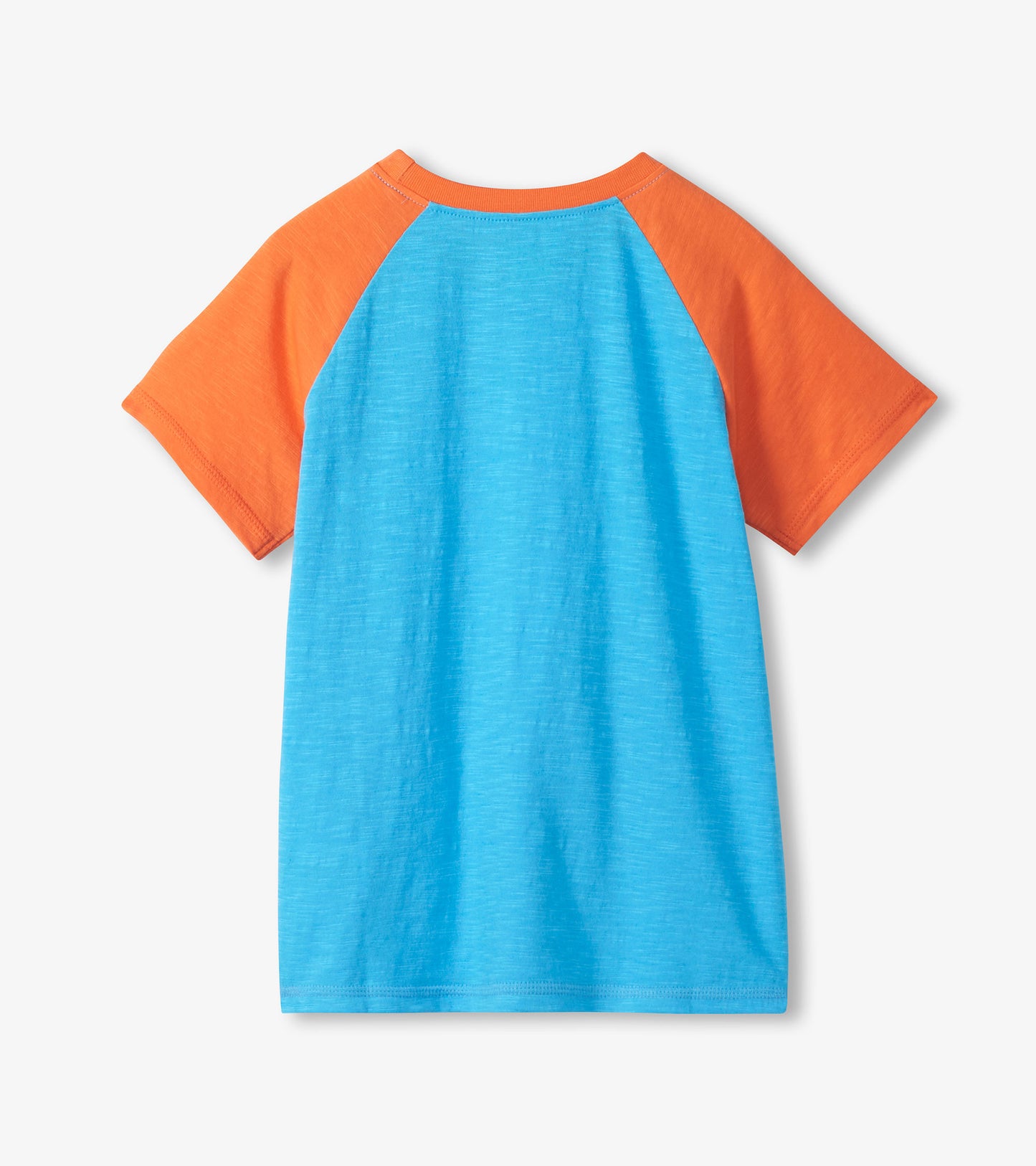 Blue and orange boys raglan short-sleeve T-shirt, back view, with shark fin graphic on back