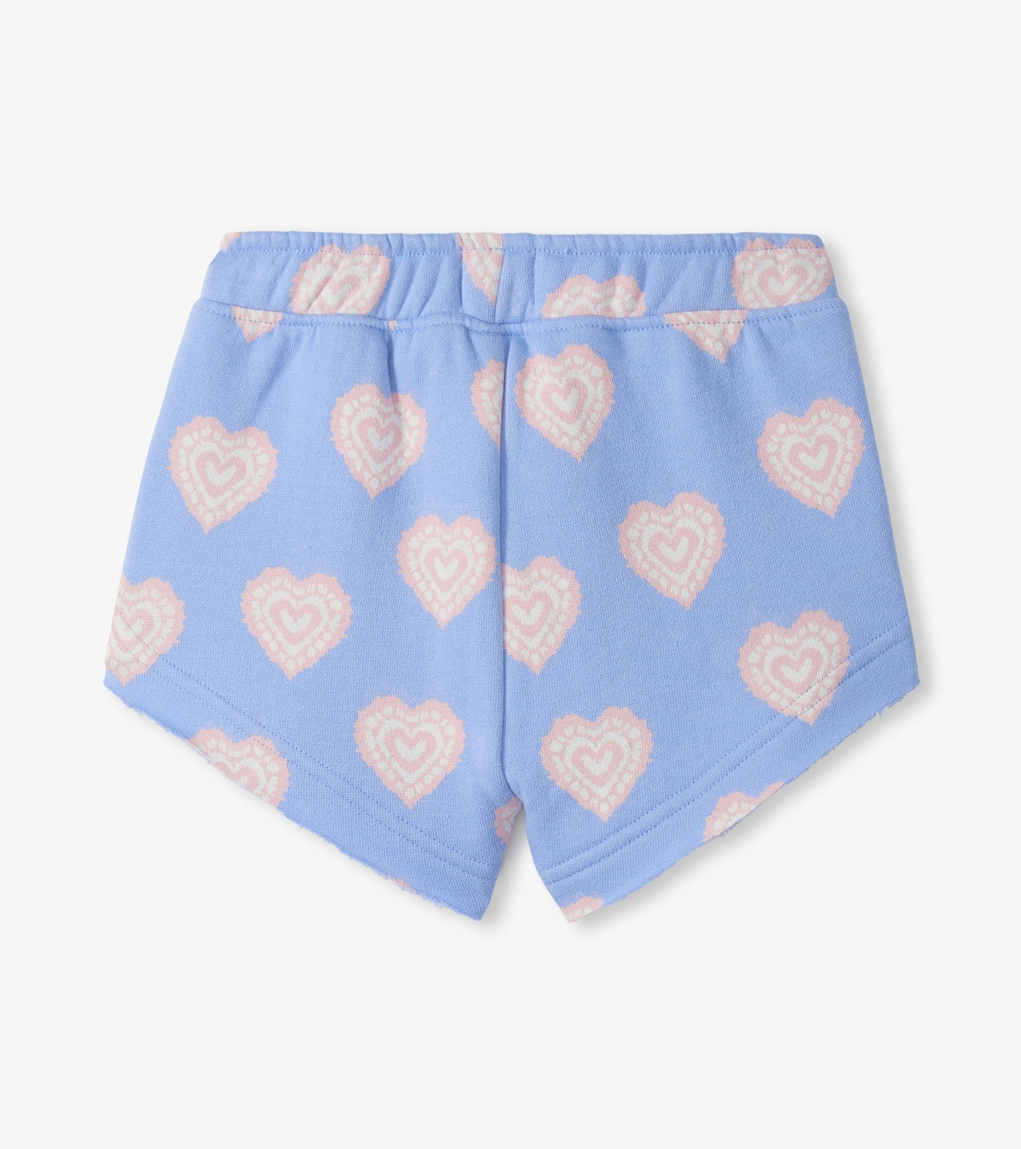 Light blue pull-on shorts with pink heart print, front view