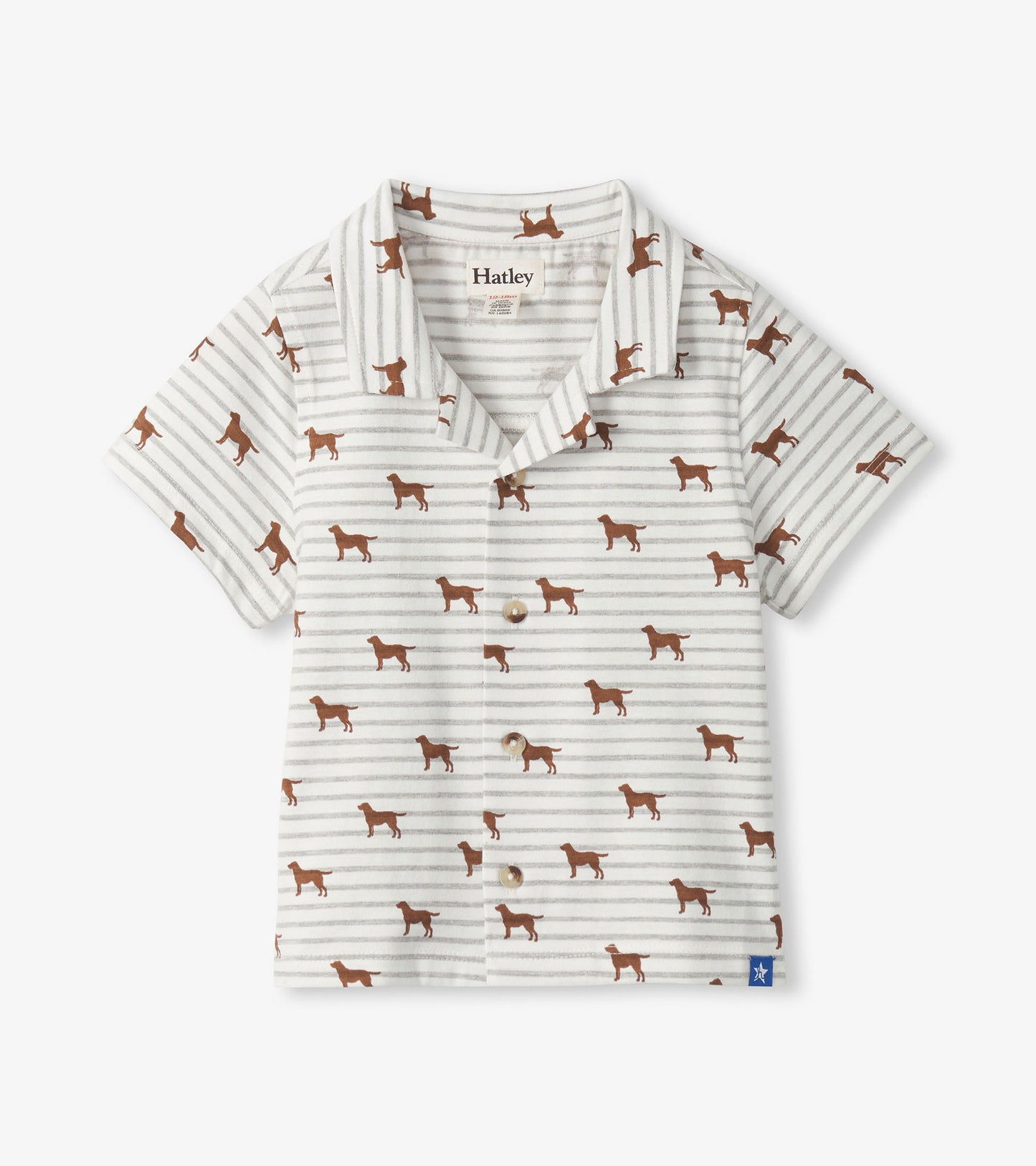 White short-sleeve button-down with grey stripes, brown dog print, camp collar, and visible Hatley label