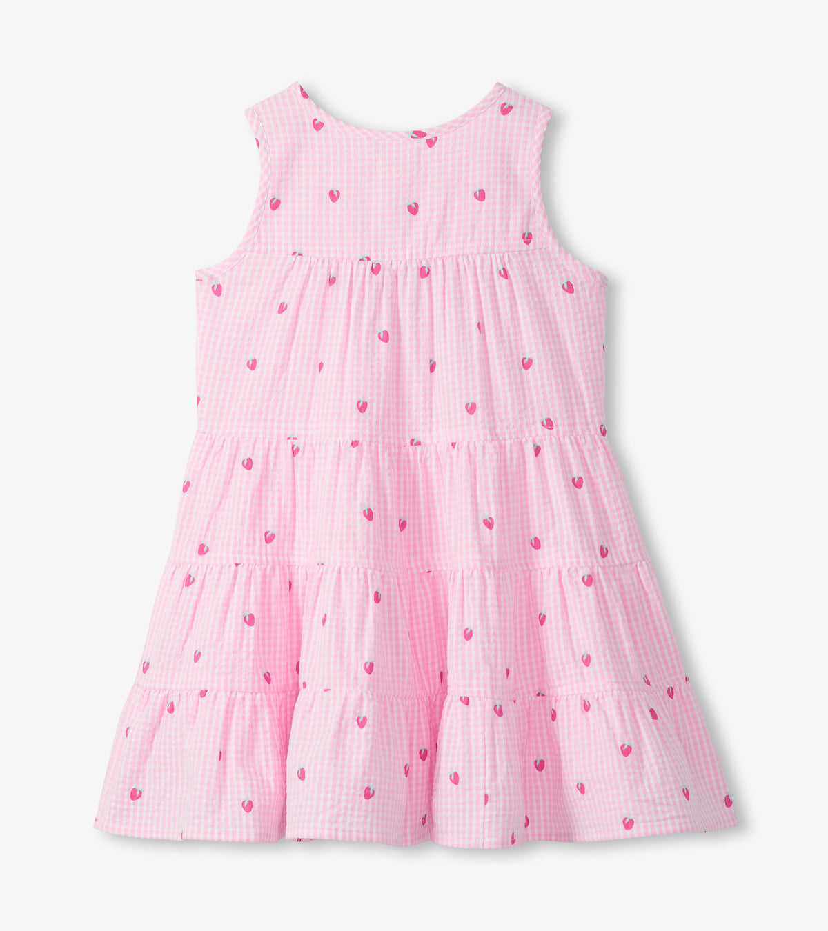 Back view of girls pink gingham tiered dress with small berry print