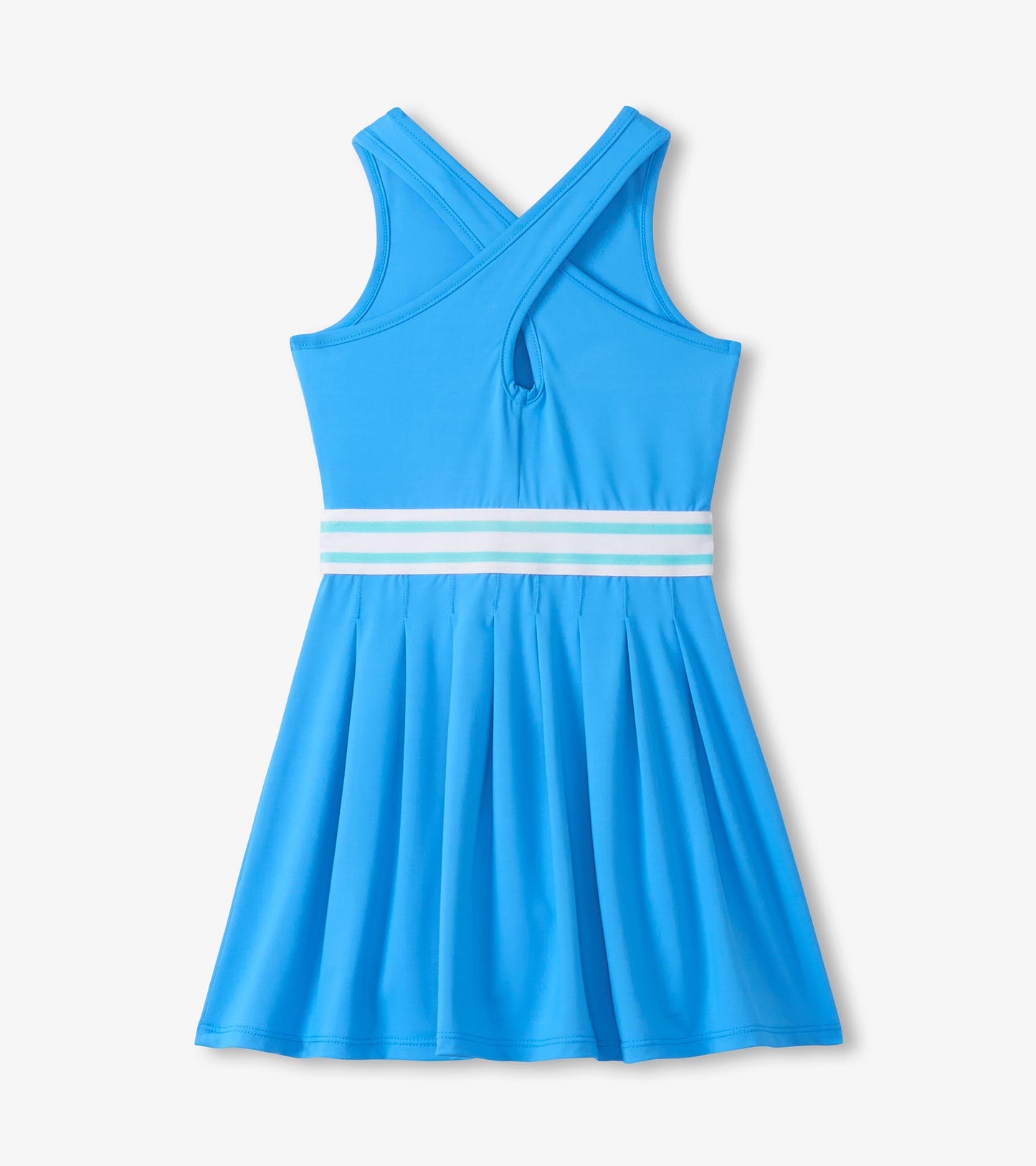 Girls blue sleeveless active dress with crisscross back, striped waistband, and pleated skirt