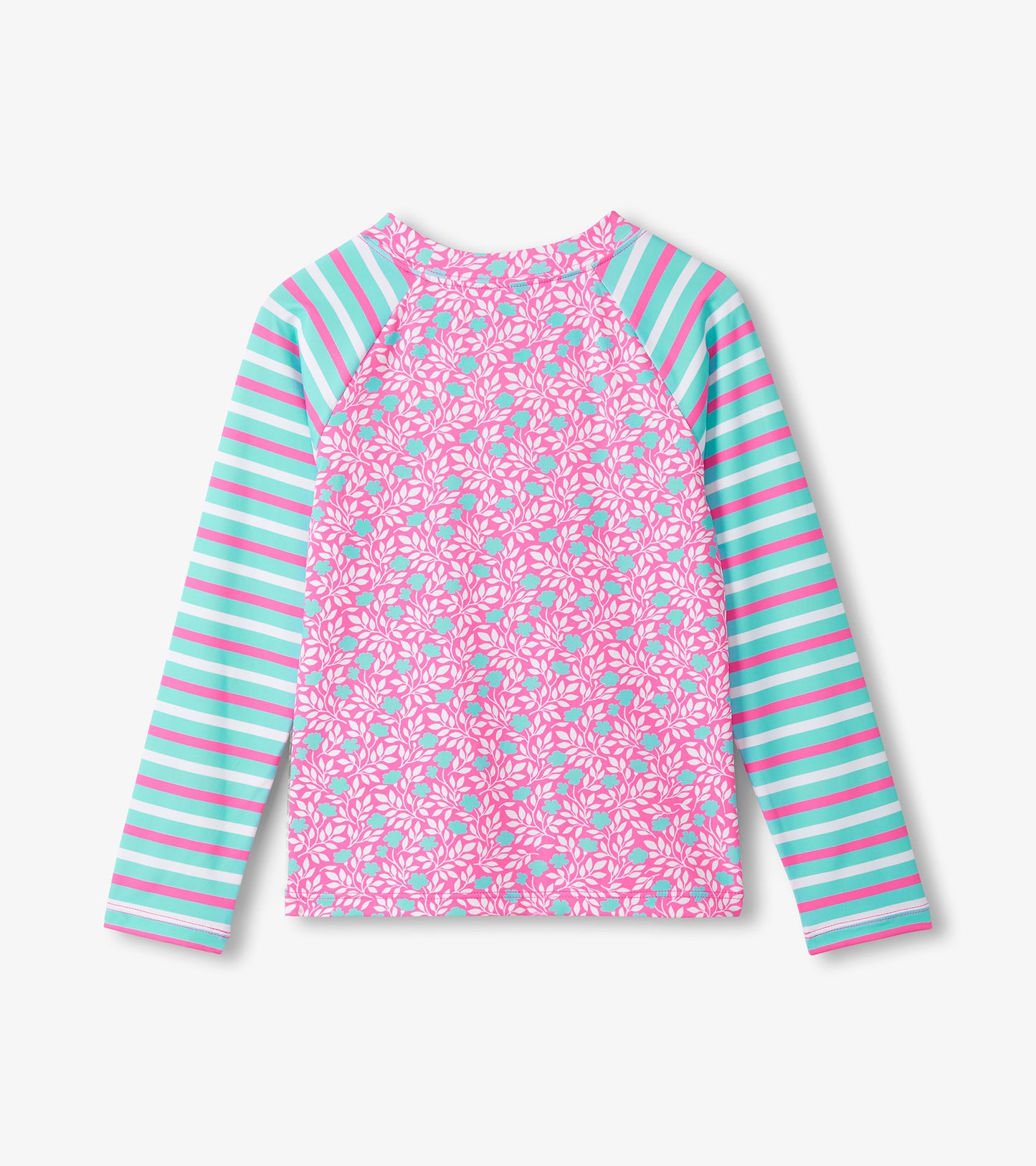 Girls pink floral long sleeve rashguard with aqua and pink striped sleeves, front view