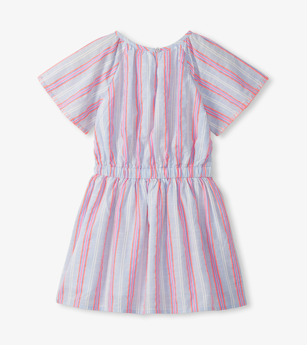 Girls light blue striped woven dress with short flutter sleeves and gathered waist, front view