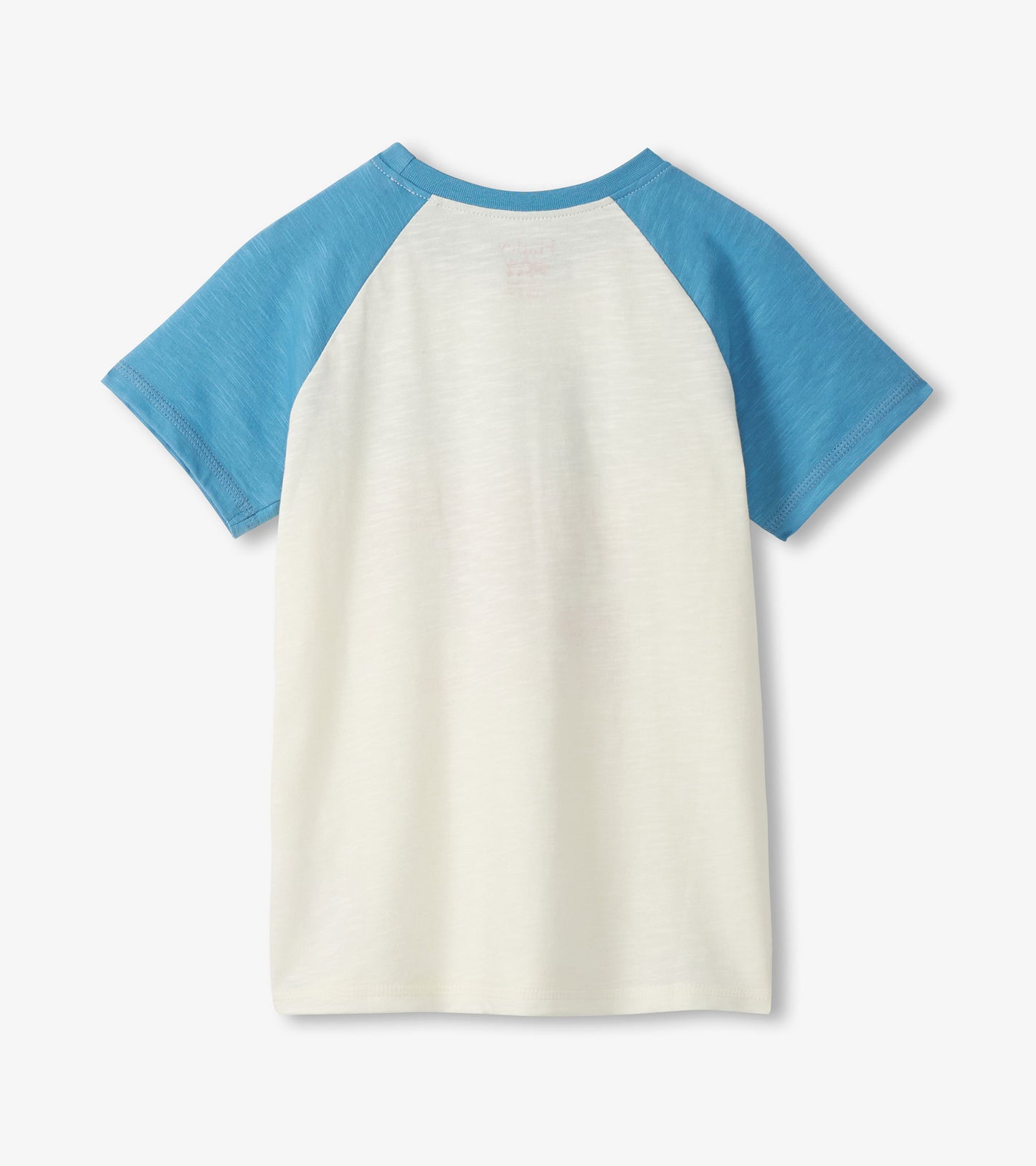 White and blue boys raglan T-shirt, back view, short sleeves, crew neck