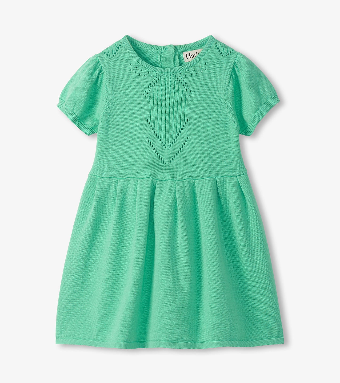 Mint green knit dress with puff sleeves, pointelle bodice and softly gathered skirt