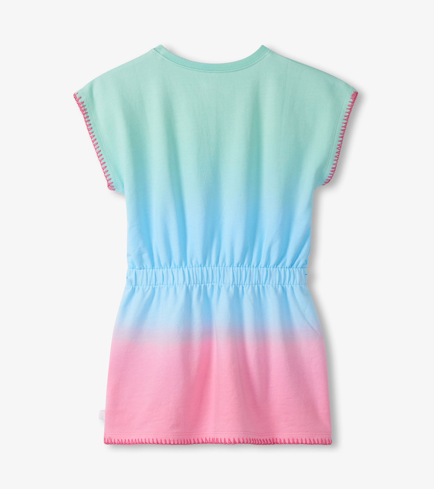 Back view of a sleeveless girls dress with aqua-to-pink ombre, pink stitching, and elastic waist.