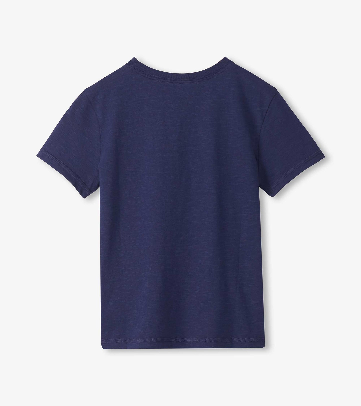 Navy short-sleeve boys T-shirt, back view, with a plain crew neck and heathered knit fabric.