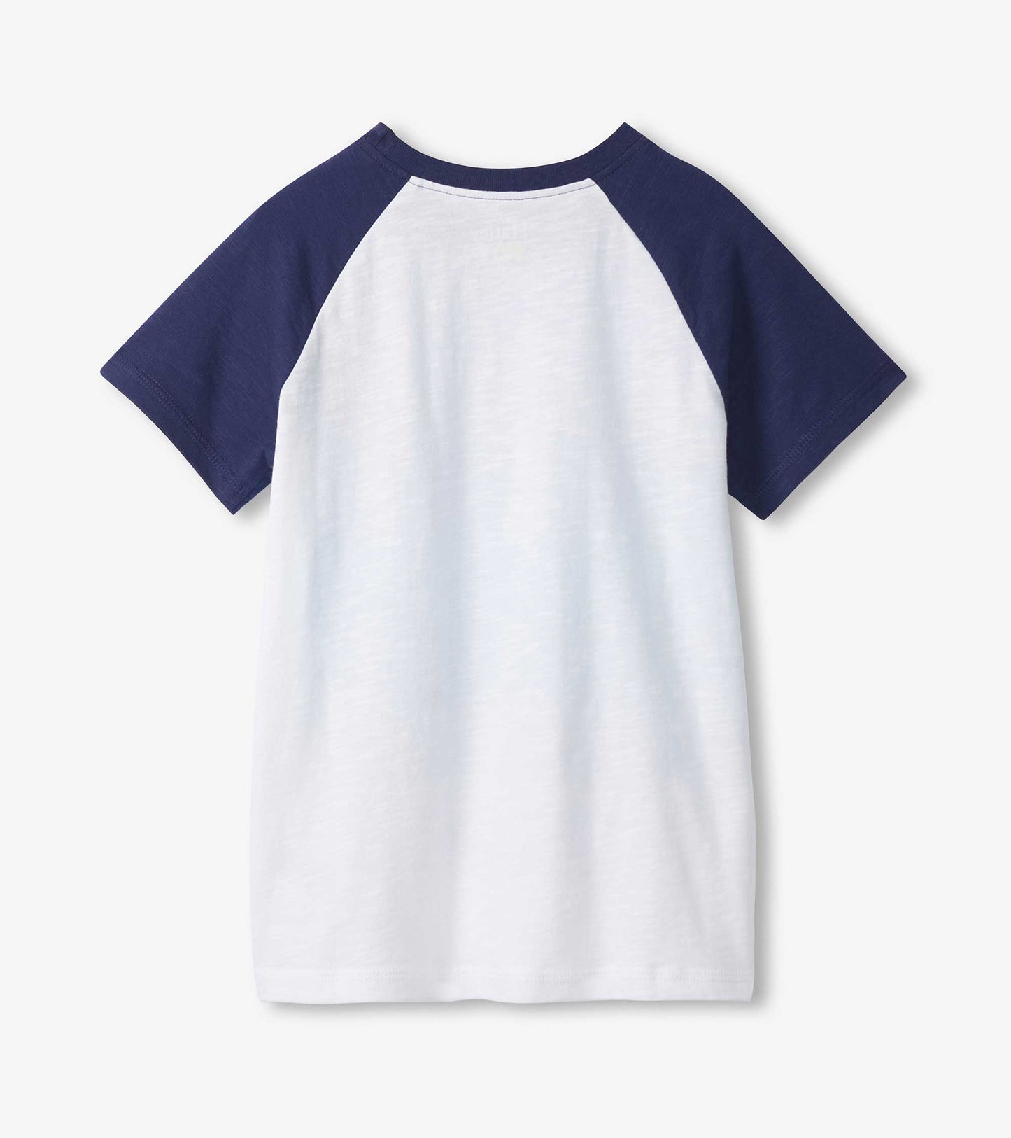 White raglan T-shirt with navy short sleeves and crew neck, front view