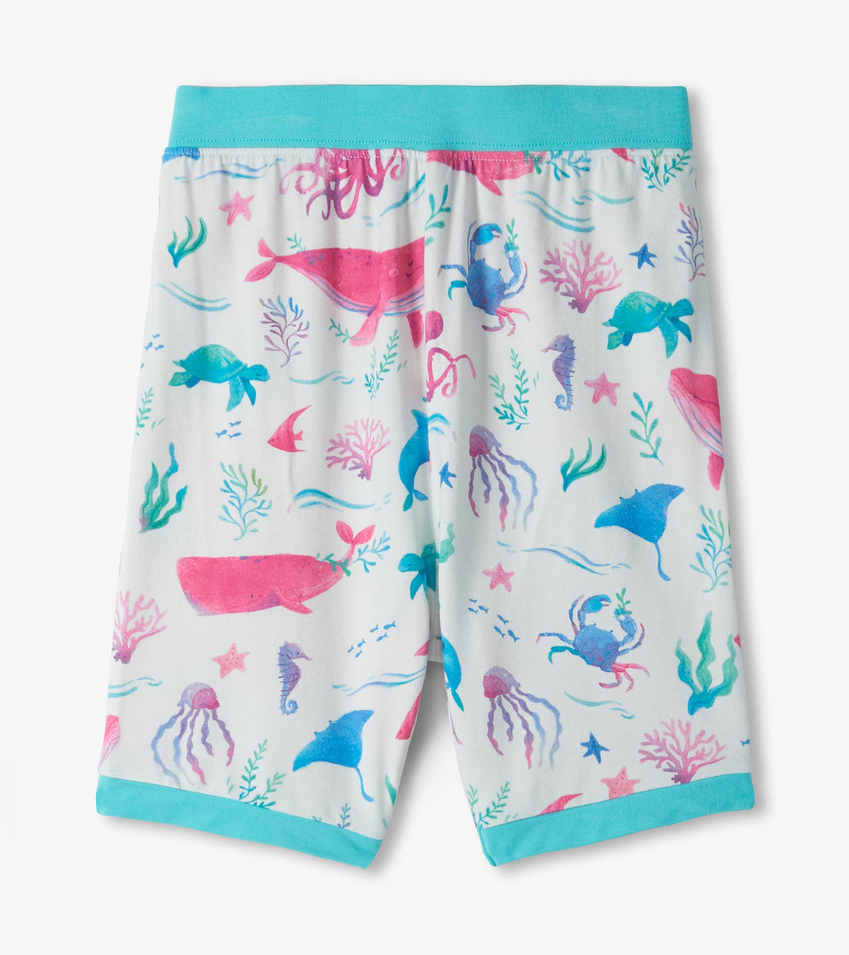 Girls pajama shorts with pastel sea life print and aqua waistband and leg trim