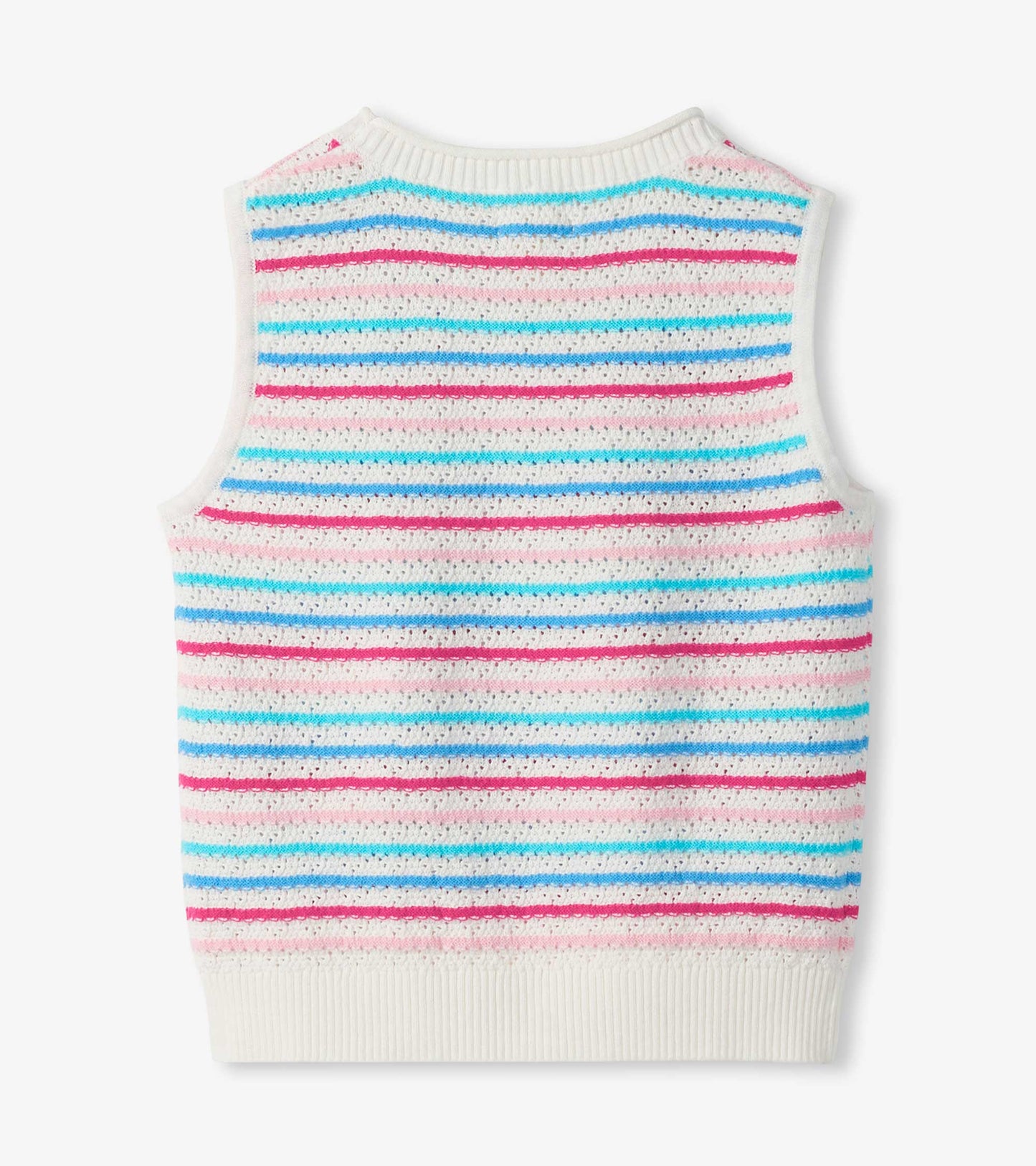 Girls sleeveless crochet tank top with white base and pink, blue, and turquoise horizontal stripes, front view