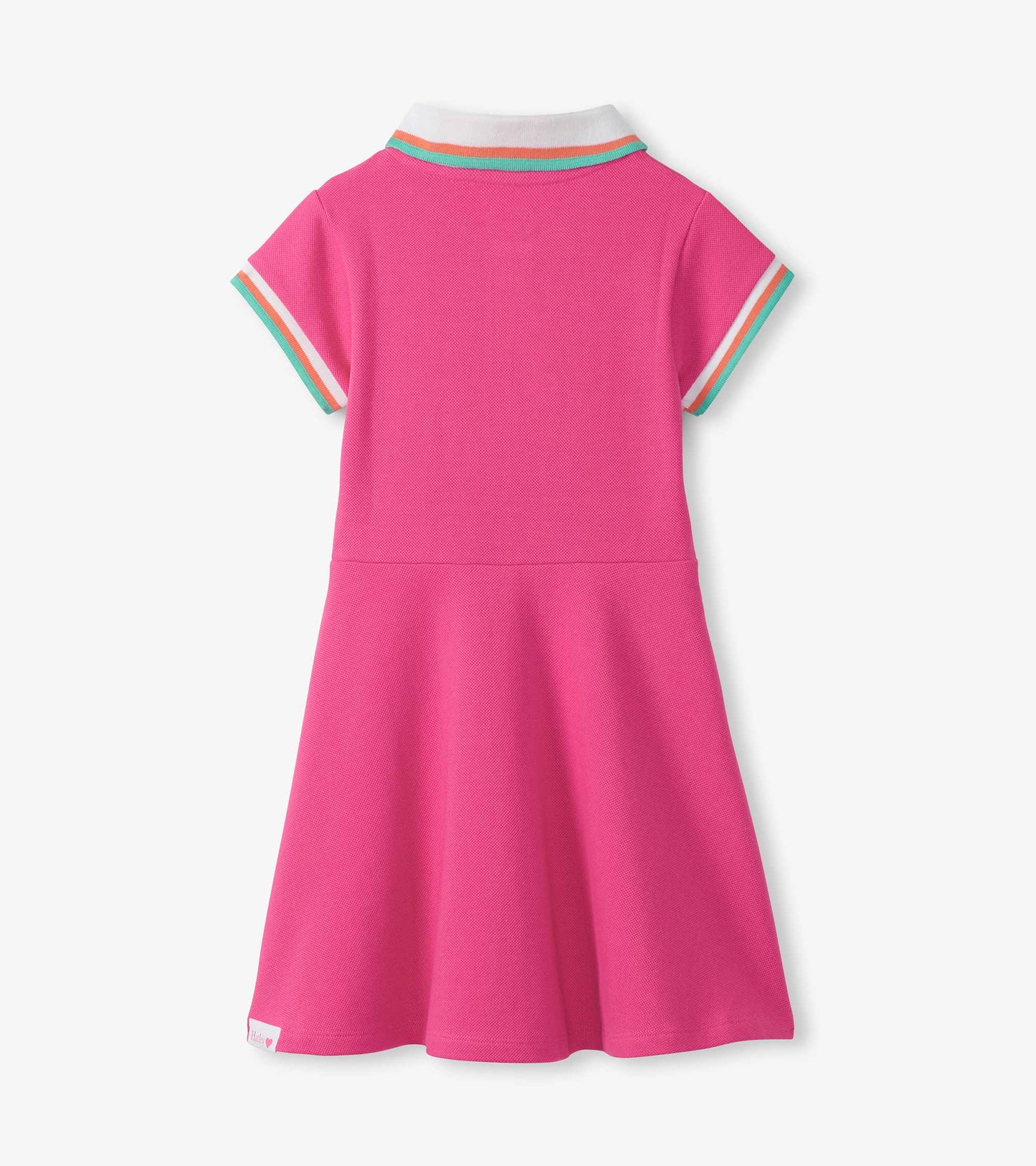Back view of a raspberry pink pique polo dress with white collar and striped sleeve trim