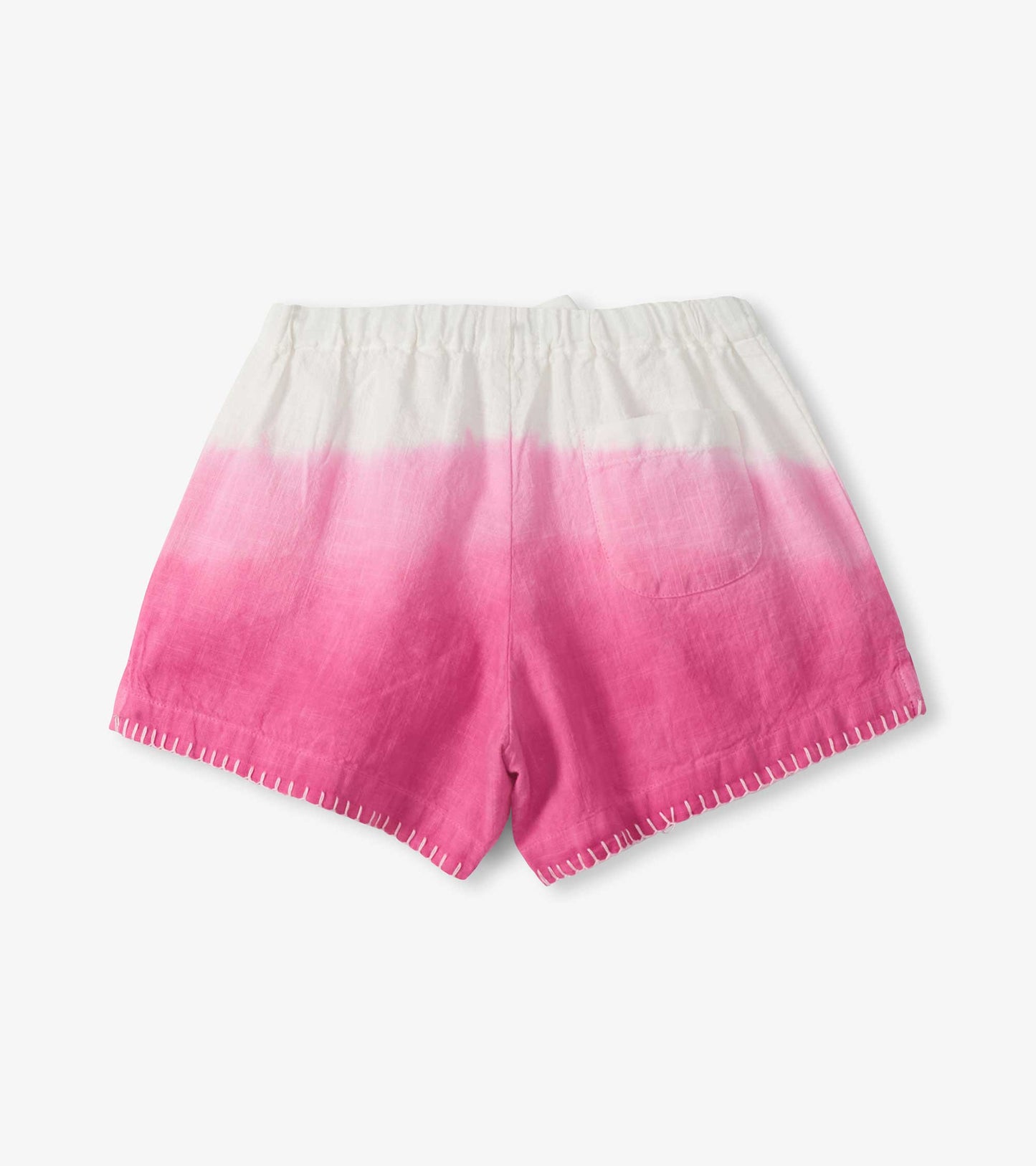 Girls woven shorts with white-to-raspberry dip dye, elastic waist, and stitched hem, front view