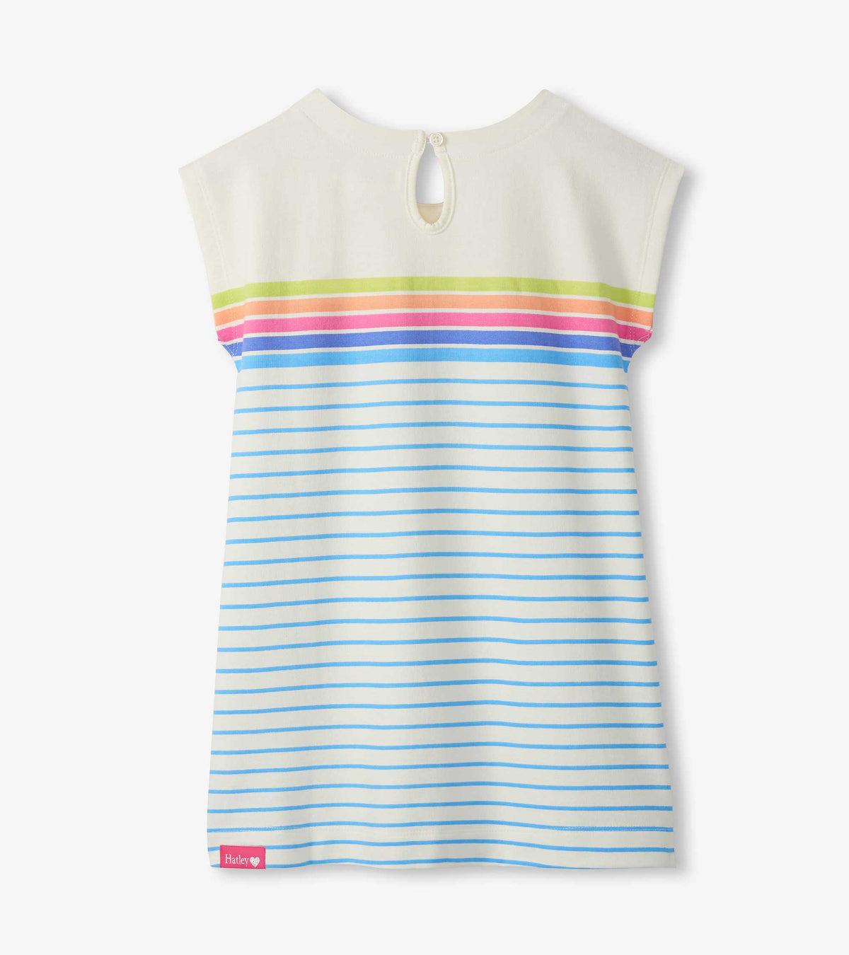 Girls sleeveless cream dress with rainbow and blue horizontal stripes, front view