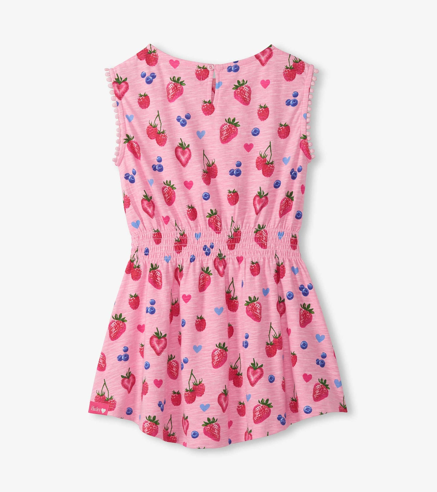 Pink sleeveless girls dress with strawberry, blueberry and heart print, smocked waist and flared skirt