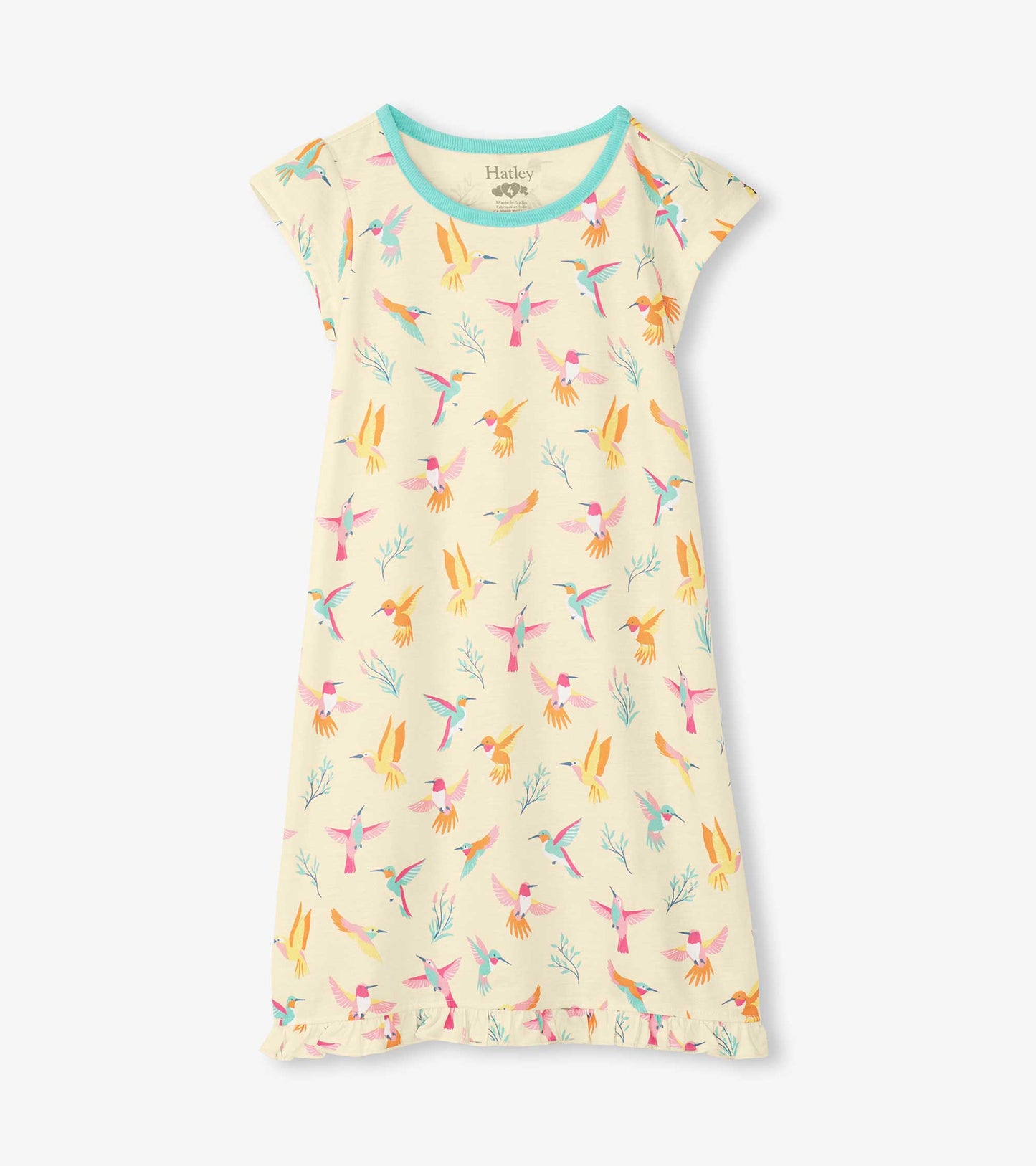 Cream girls nightdress with pastel hummingbird print, aqua trim, cap sleeves and ruffle hem