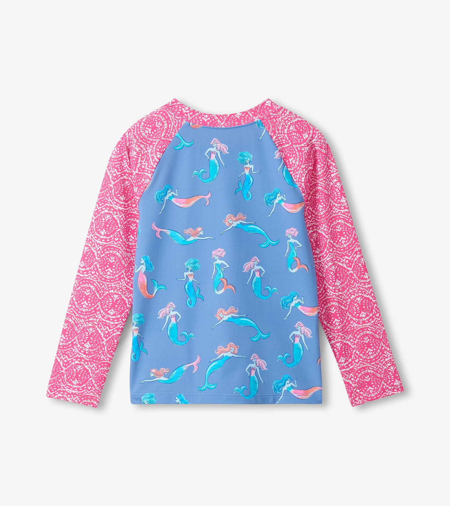 Girls long sleeve rashguard with blue mermaid print and pink patterned sleeves, front view