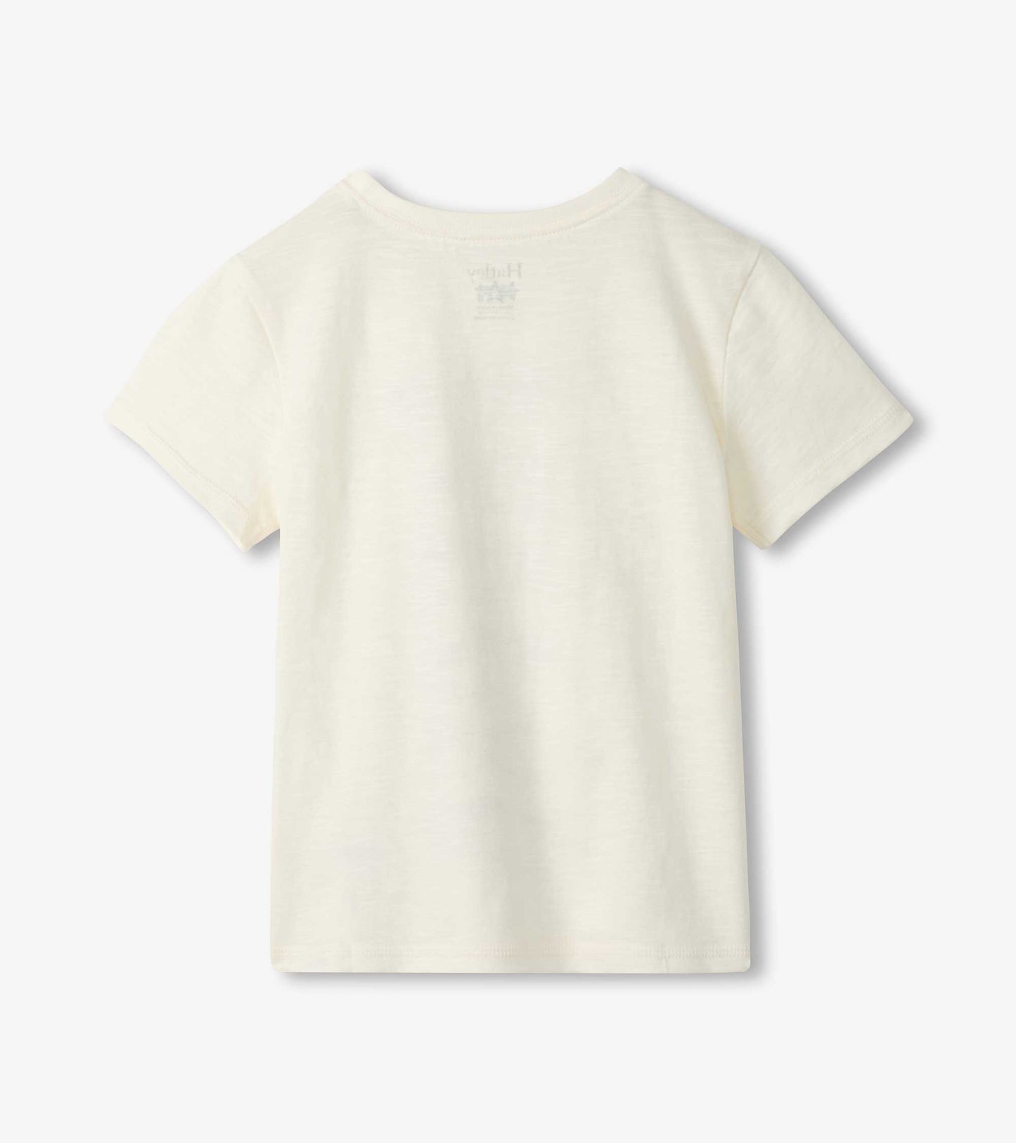 Cream short-sleeve boys T-shirt, back view, with subtle fish graphic on the upper back.