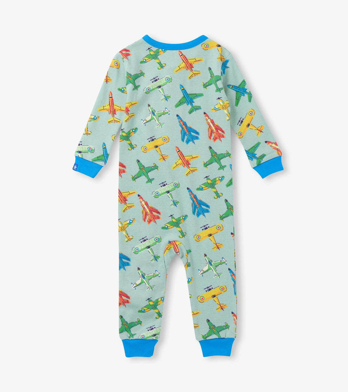 Light blue long-sleeve baby sleeper with colorful vintage airplane print and bright blue cuffs and trim