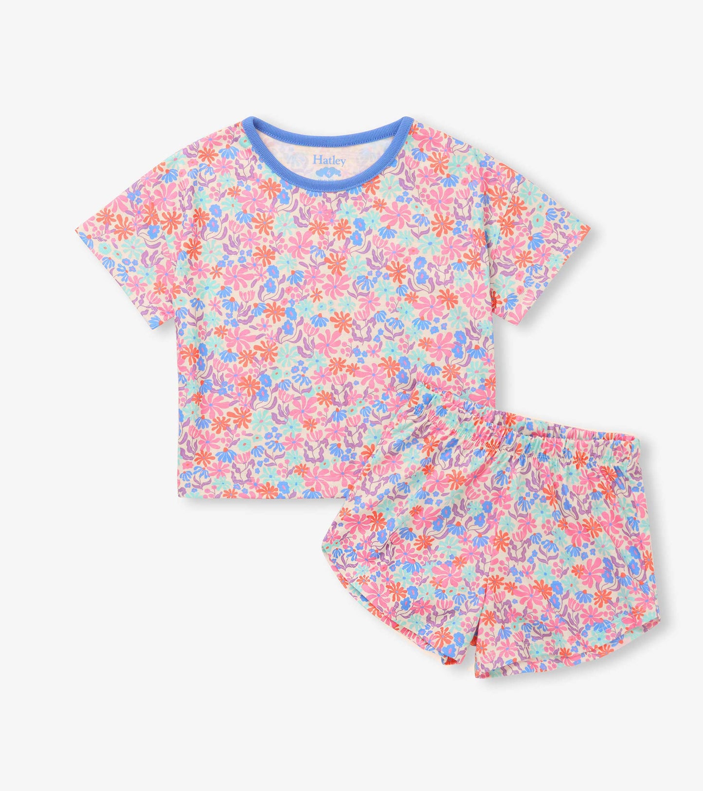 Girls floral short sleep set with blue-trim crewneck top and matching elastic-waist shorts