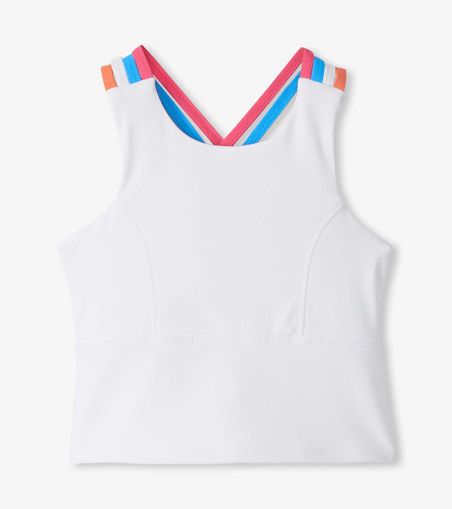 White girls active tank with blue, pink, peach and white crisscross straps shown flat