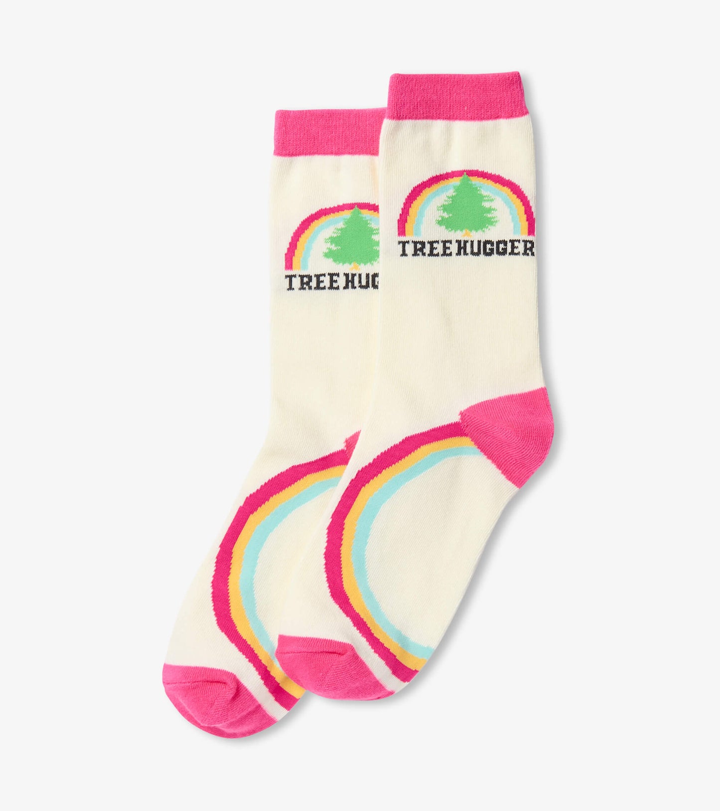 Cream crew socks with pink accents, featuring a tree graphic and rainbow pattern. One size fits most.