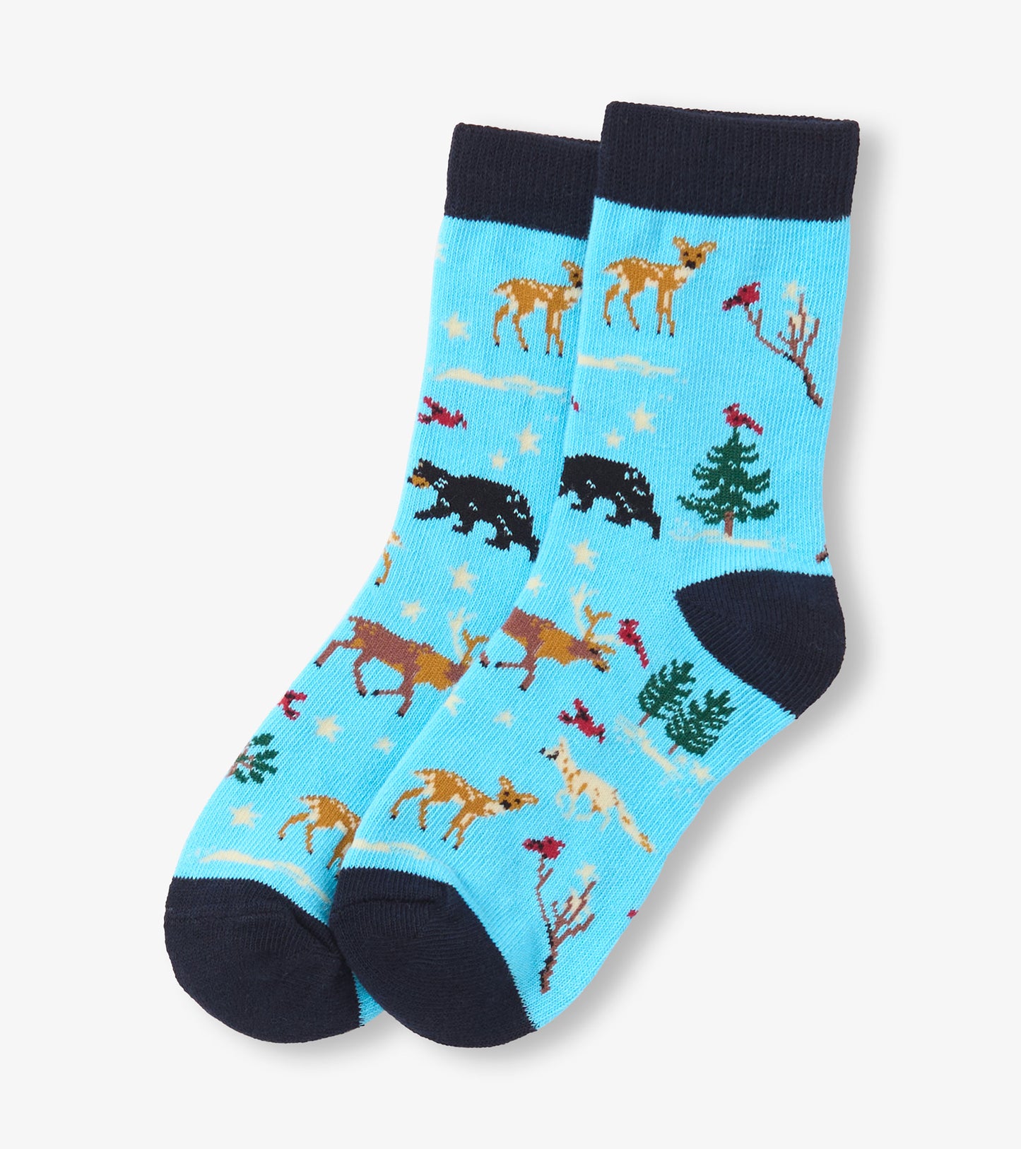Light blue crew socks featuring winter-themed patterns of deer, bears, trees, and birds with a navy cuff.