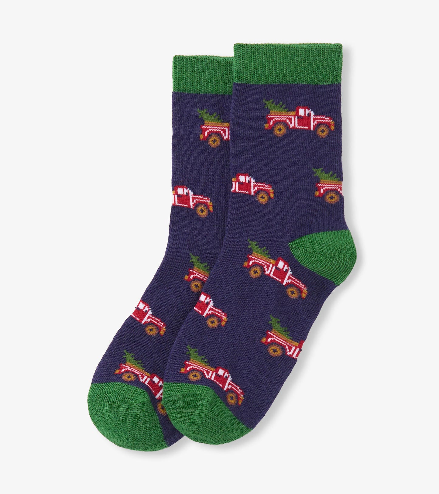Red truck pattern on navy socks with green cuffs and toes, designed for boys aged 2-7.