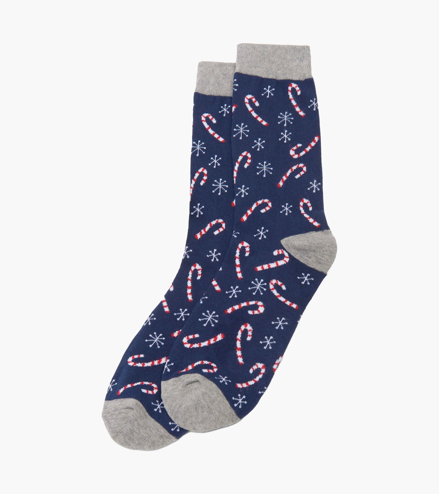 Navy crew socks featuring a candy cane and snowflake pattern with gray cuffs and toes. One size fits most.