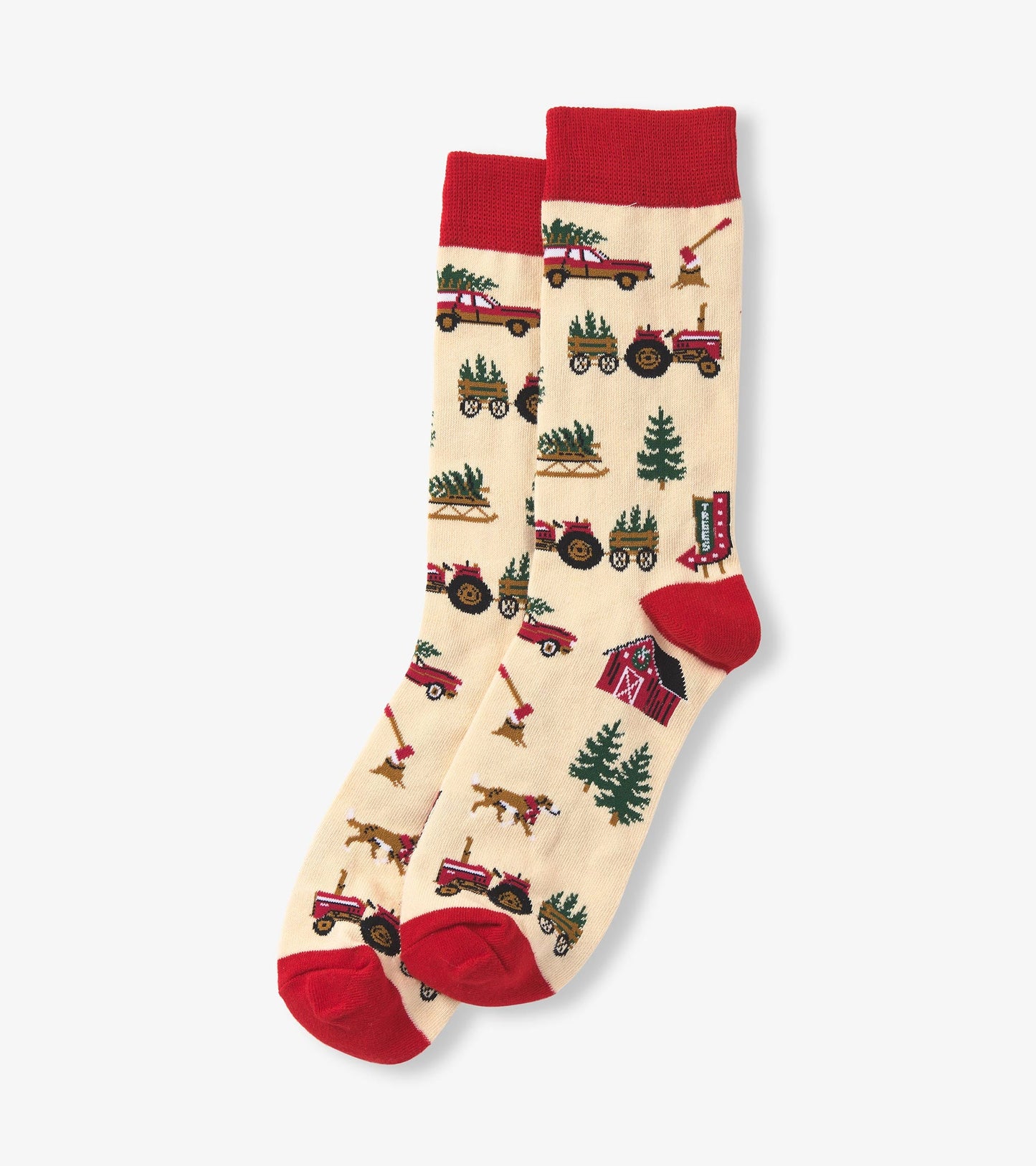 Beige crew socks featuring festive Christmas tree farm patterns, with red accents at the cuff and toe.