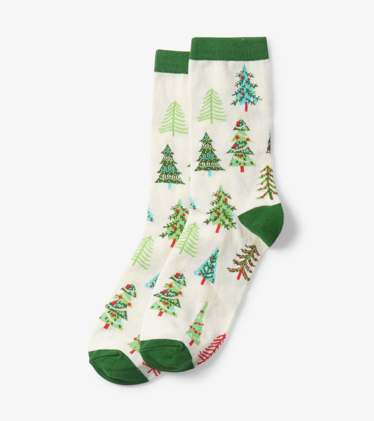 White crew socks featuring colorful Christmas tree patterns and green accents at the cuff and toe. One size fits all.