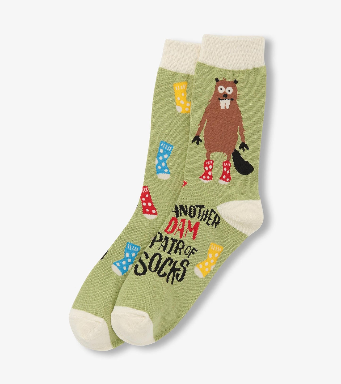 Green crew socks featuring a beaver graphic and colorful sock patterns, with a white cuff and toe.