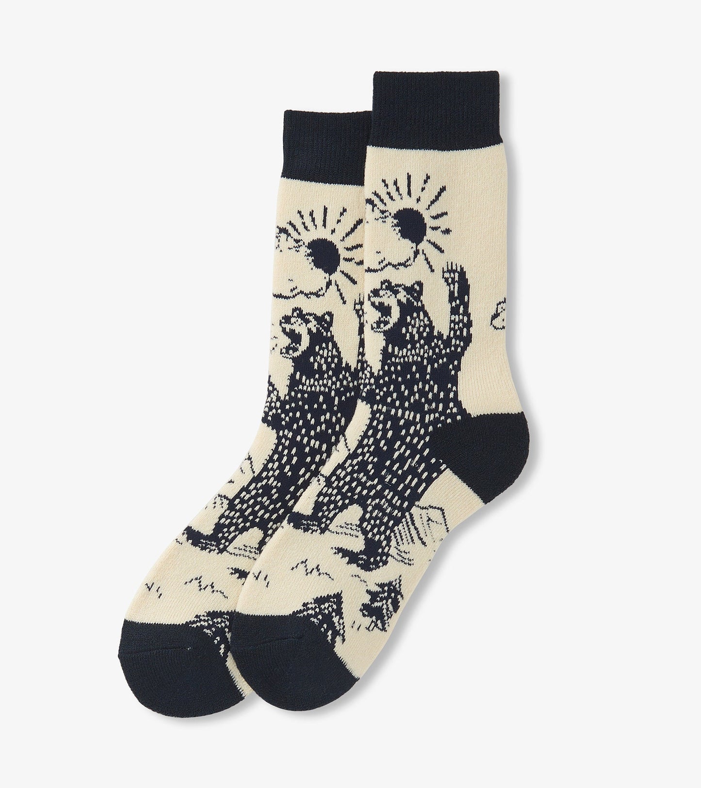 Cozy socks featuring a bear and sun design in cream and navy, suitable for casual wear.