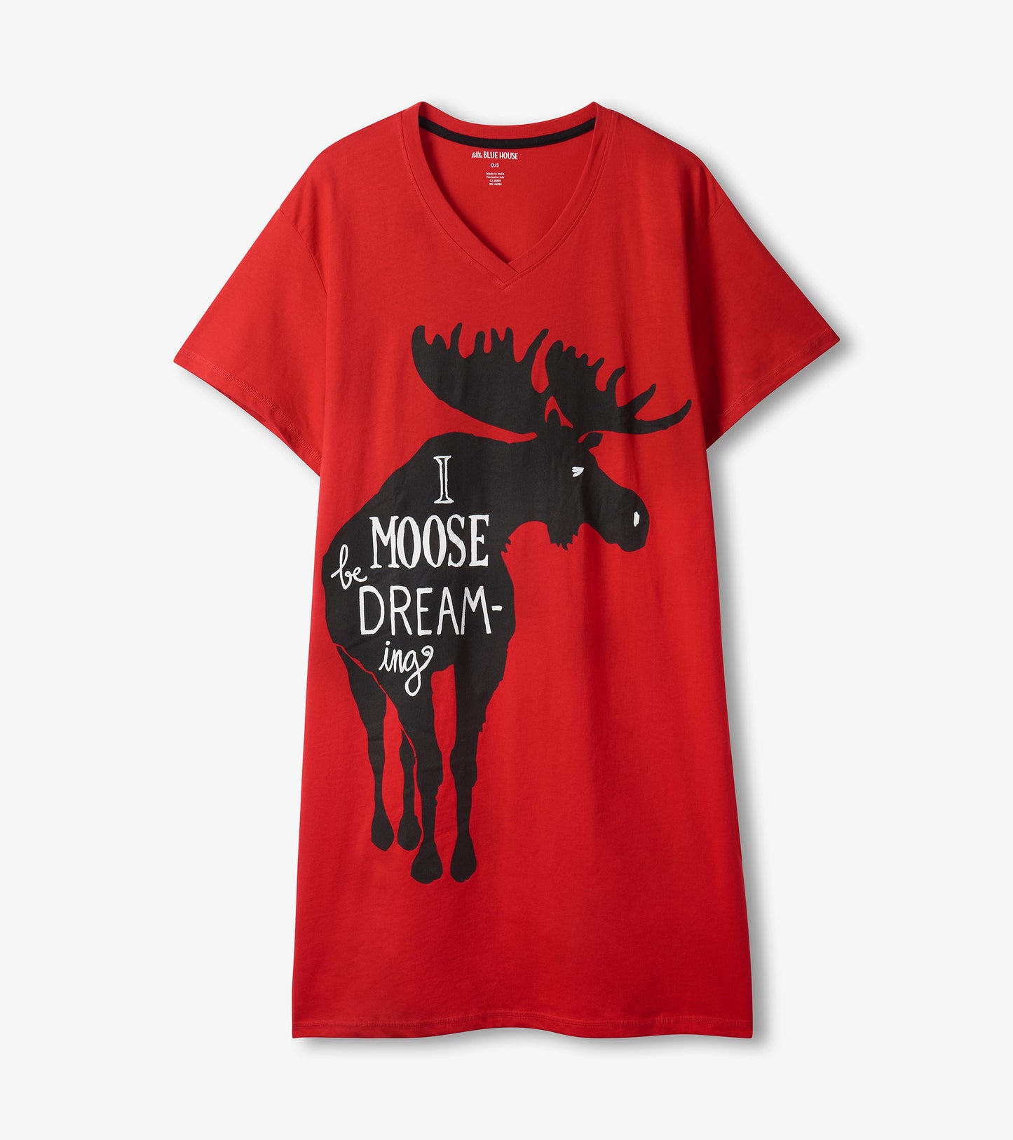 Red women's sleepshirt featuring a black moose graphic and playful text in white, with a V-neck design.