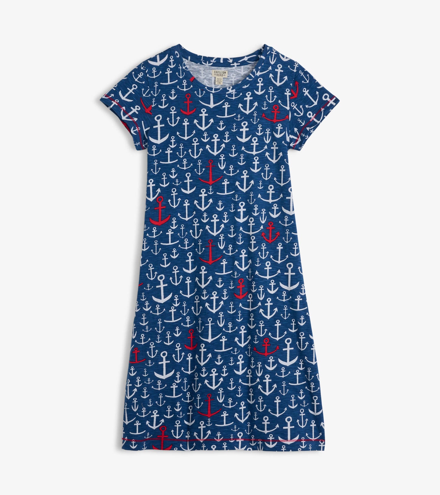 Navy crew neck t-shirt dress featuring a playful anchor pattern in red and white, suitable for casual wear.