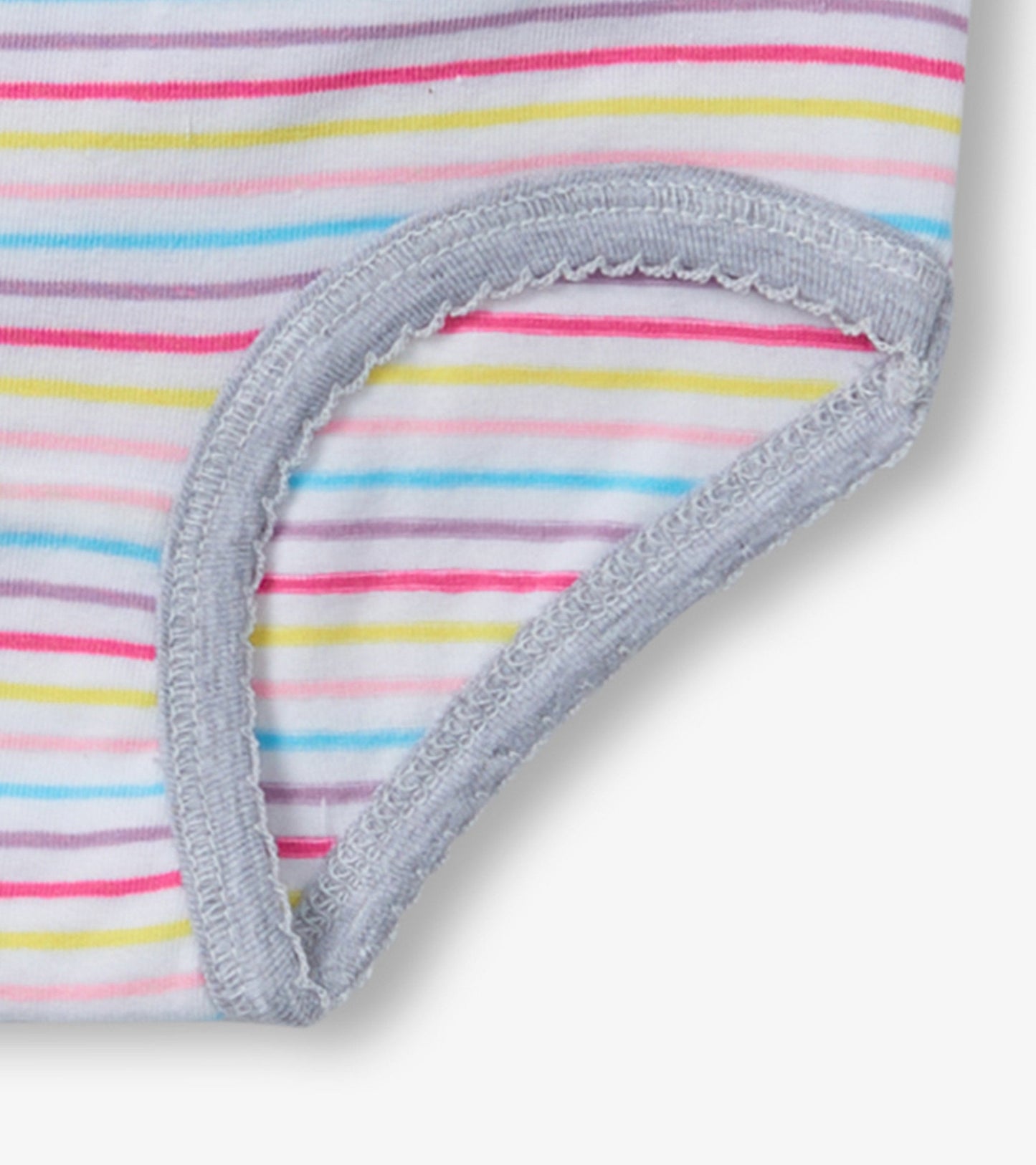 Colorful striped hipster underwear featuring pink, yellow, and blue stripes with a soft gray trim.