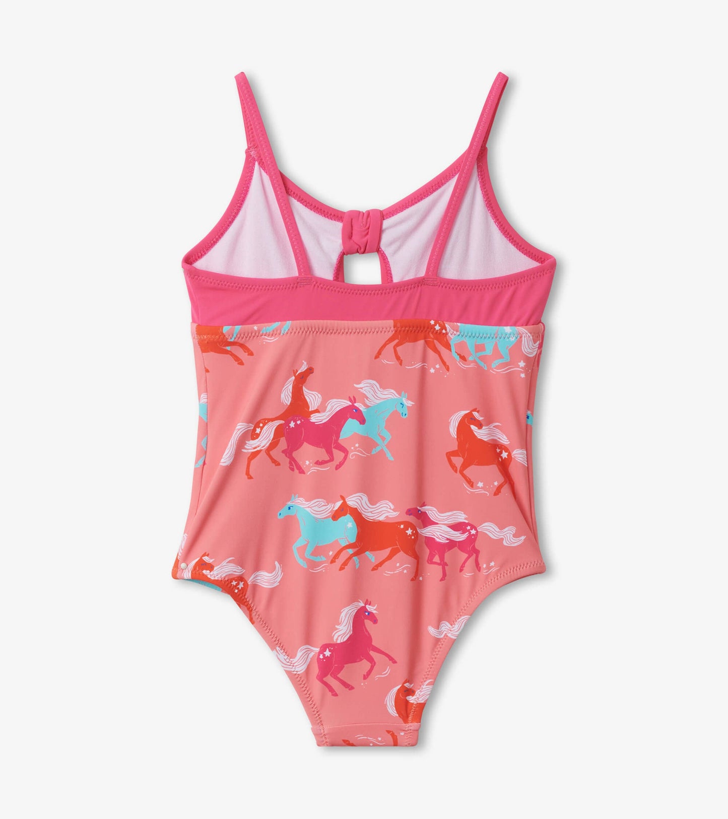 Pink swimsuit featuring playful horse patterns in various colors, with a tie front and adjustable straps.
