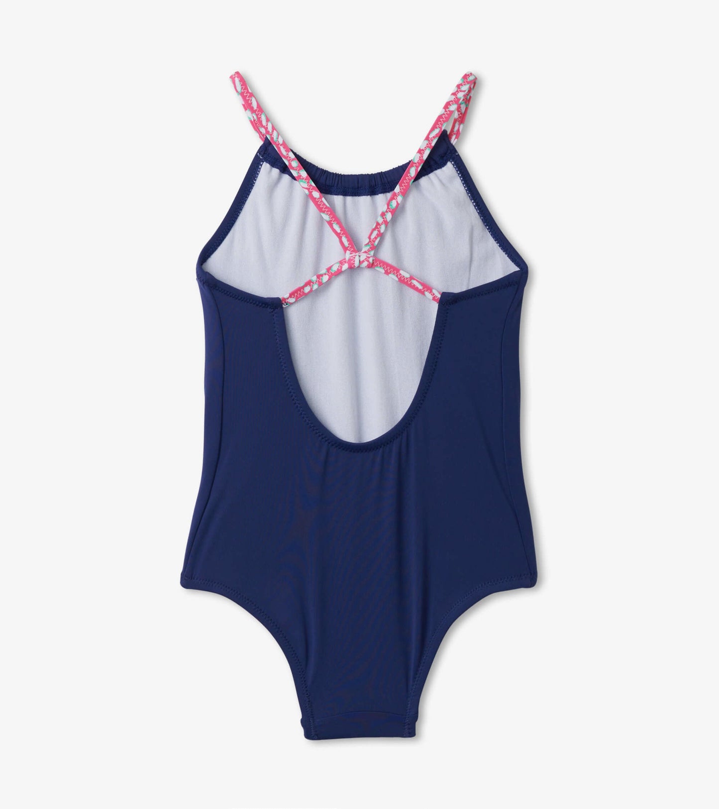 Navy blue kids' swimsuit with pink patterned straps and an open back design.