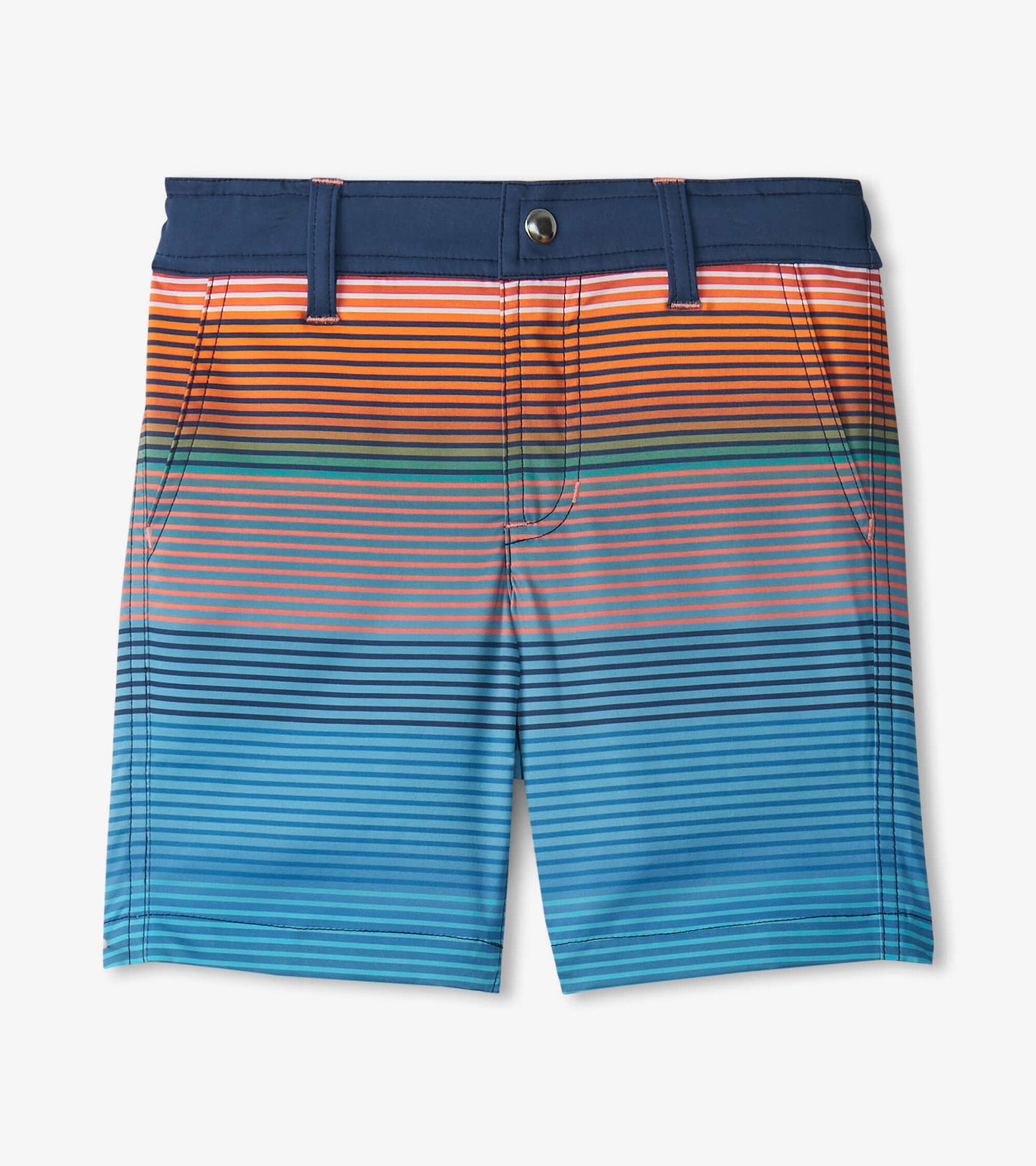 Boys' quick-dry shorts featuring a vibrant sunset stripe pattern in orange, blue, and green tones.