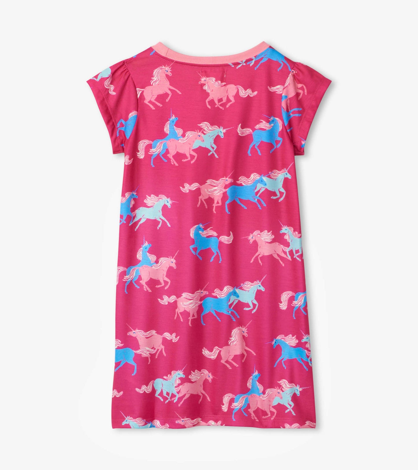 Pink short sleeve nightdress featuring a playful unicorn pattern in blue and pink.
