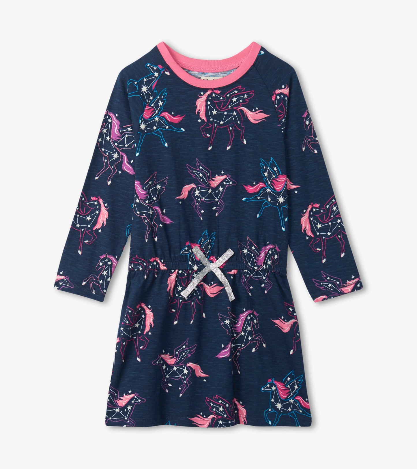 Navy drop waist dress featuring colorful unicorns and stars, with long sleeves and a pink neckline.