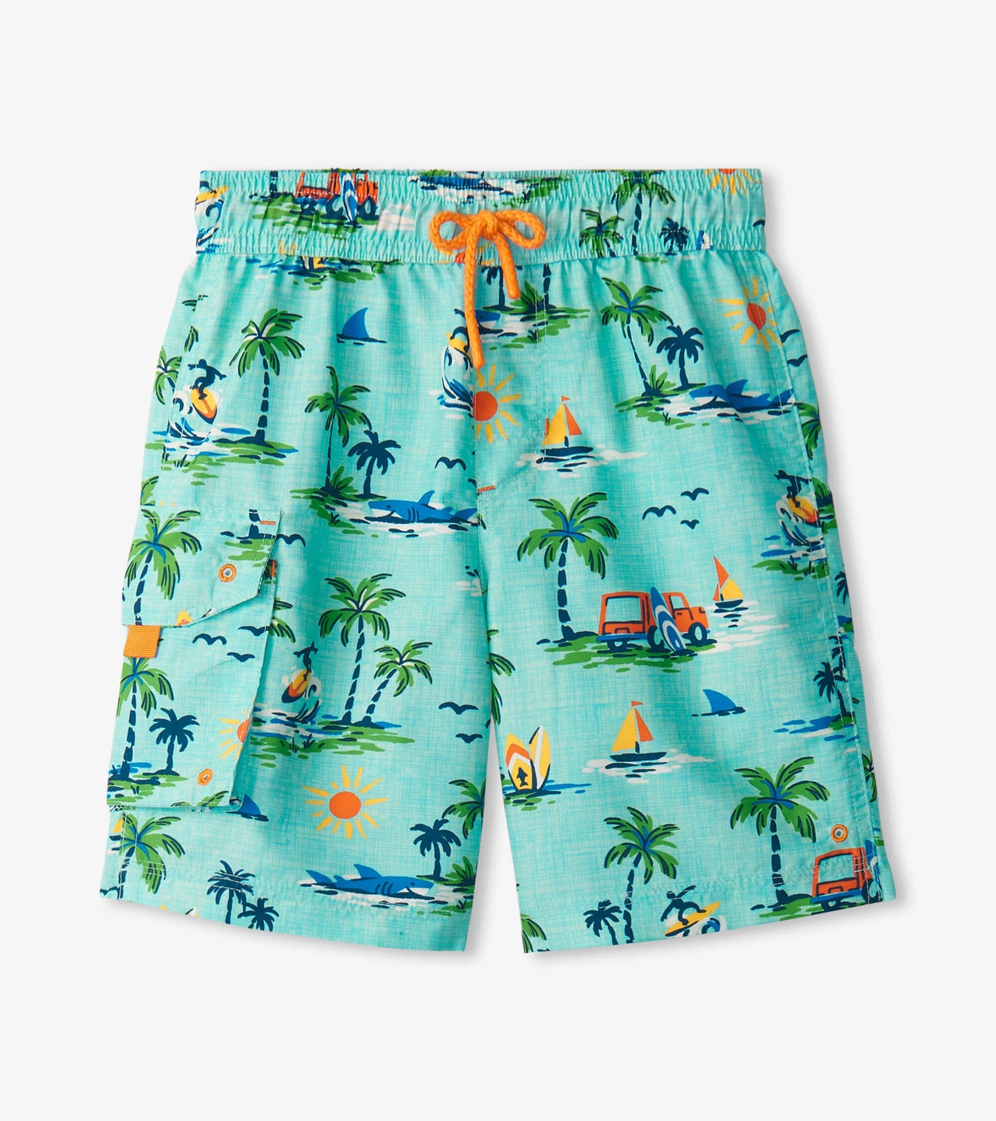 Turquoise board shorts featuring a tropical print with palm trees, sun, and boats, designed for boys.