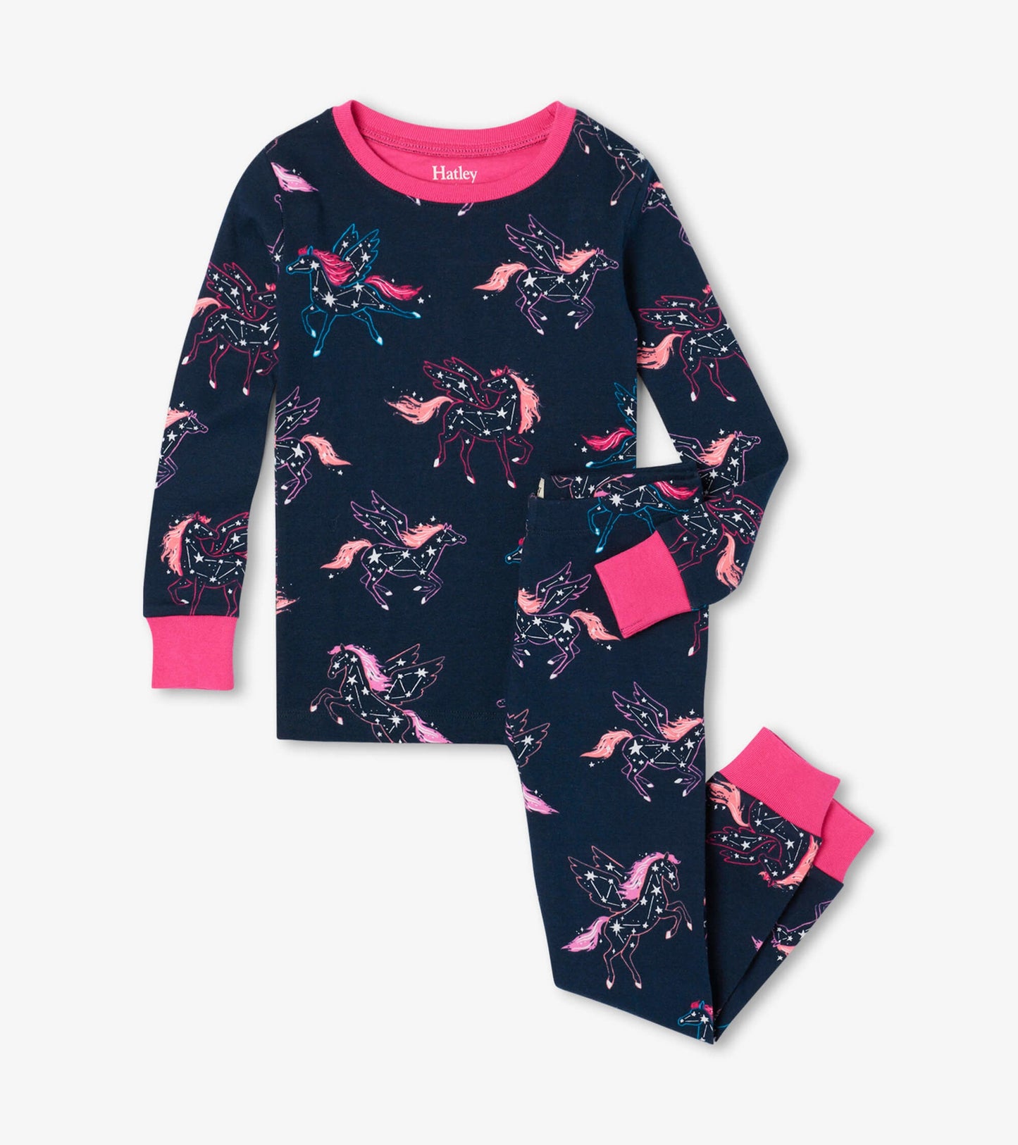 Navy organic cotton pyjama set featuring colorful unicorn constellations and pink cuffs, suitable for kids.