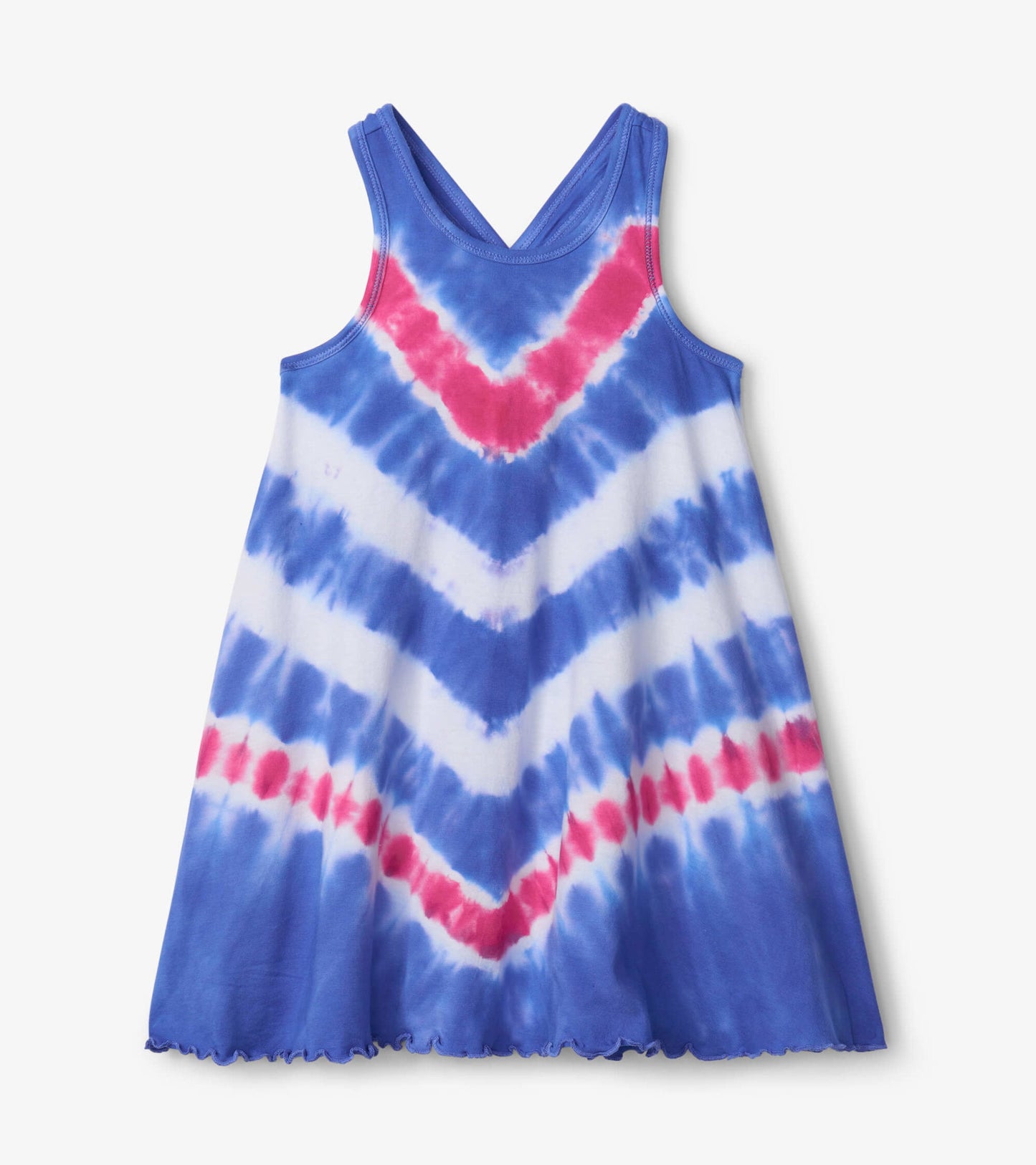 Blue and white tie-dye trapeze dress with pink accents and a scalloped hem, featuring adjustable straps.