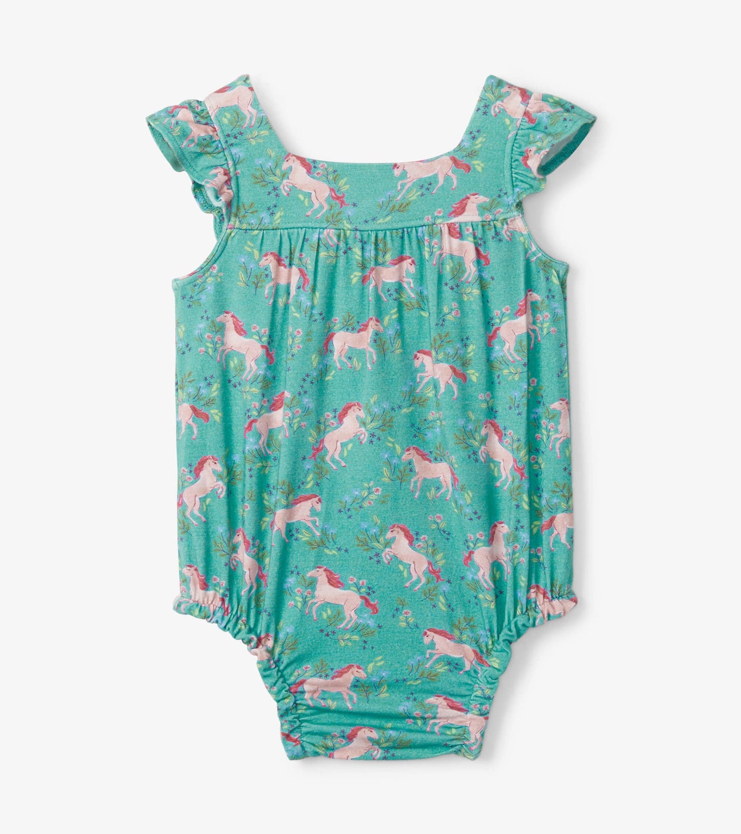Turquoise baby bubble one-piece with ruffled sleeves and a playful unicorn and floral pattern. Suitable for infants.