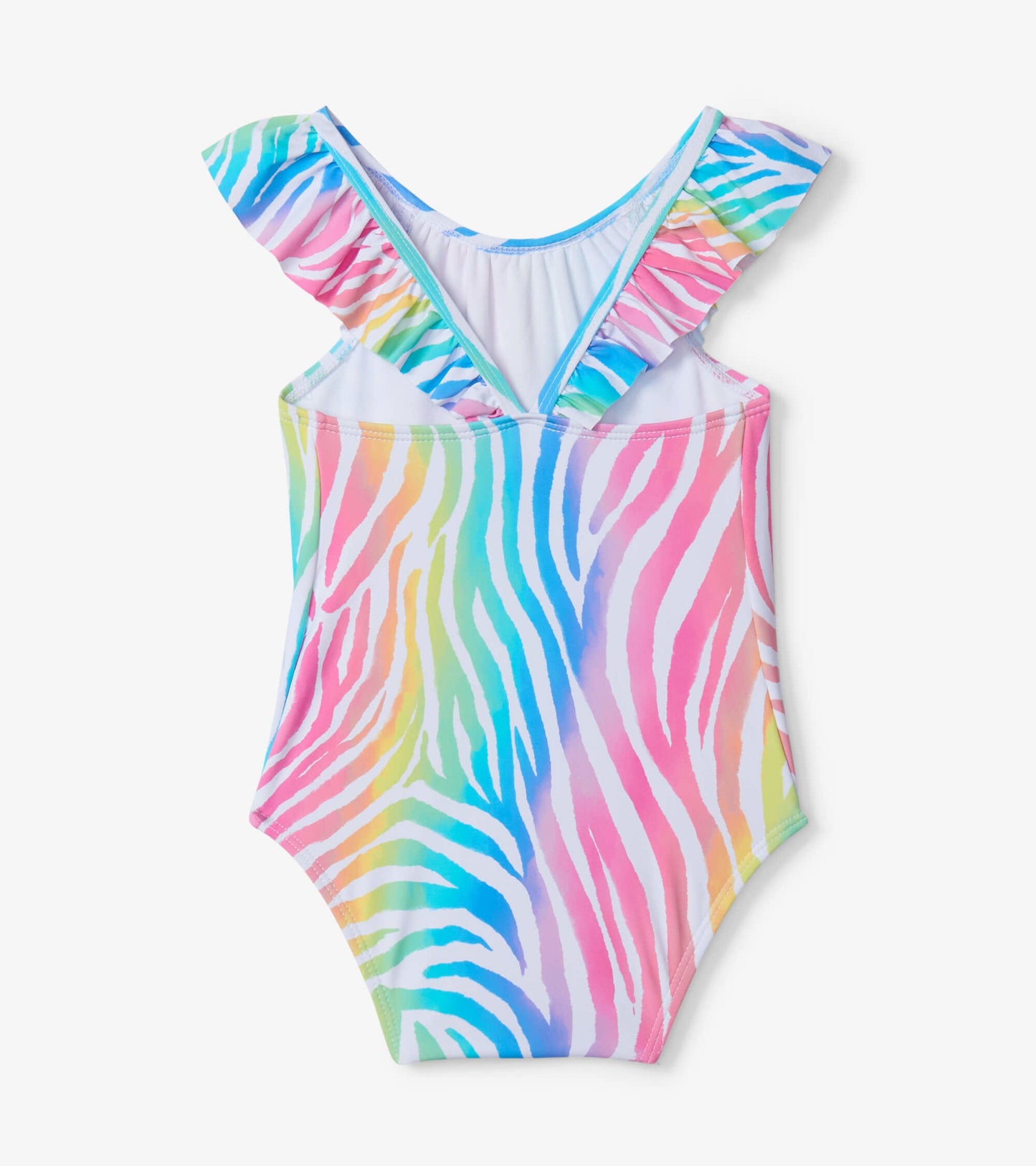 Colorful rainbow zebra print baby swimsuit with ruffle straps, designed for infants.