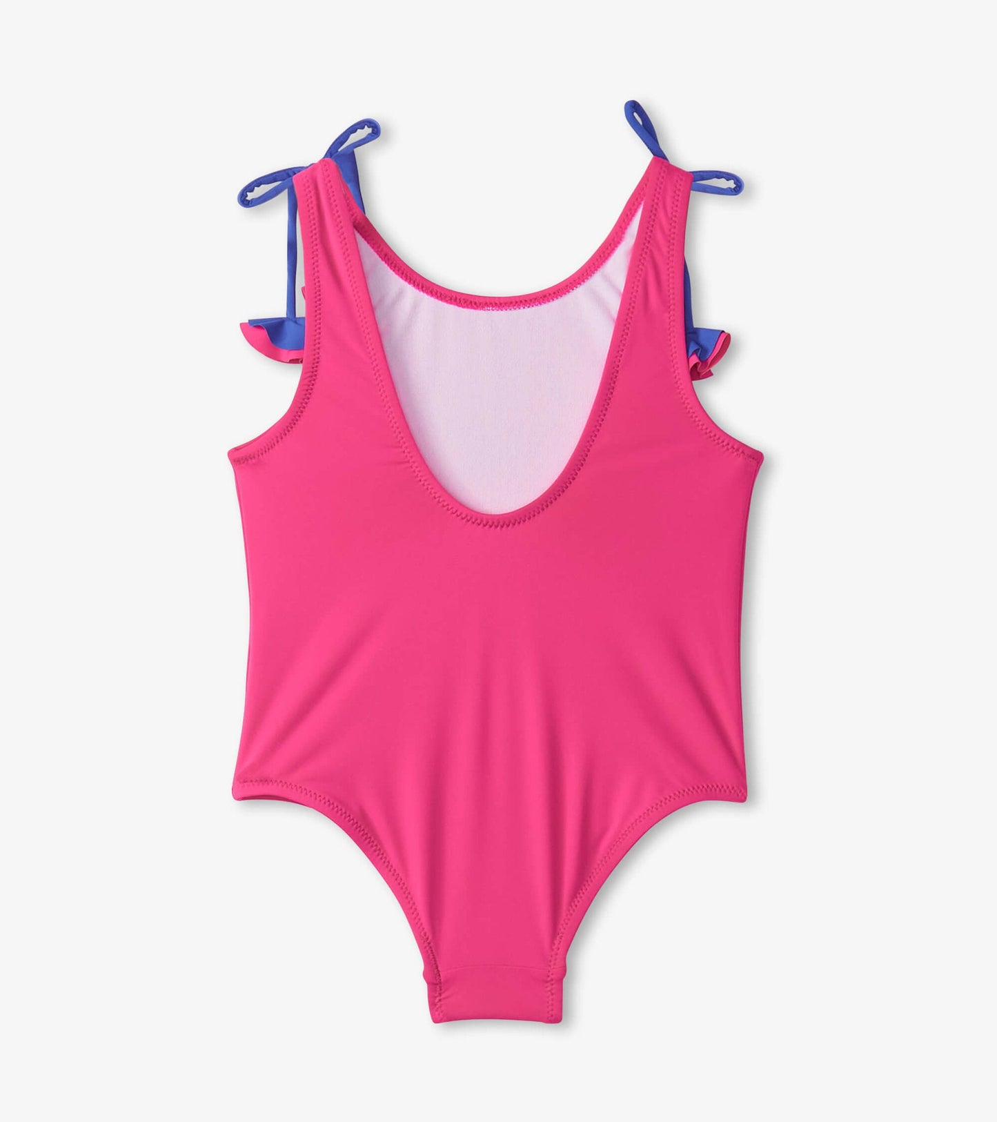 Pink one-piece swimsuit with shoulder bows and a scoop neckline, designed for girls.