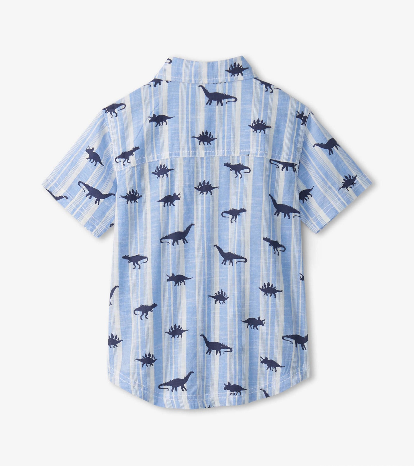 Short-sleeve button-down shirt in light blue with navy dinosaur prints and vertical stripes.