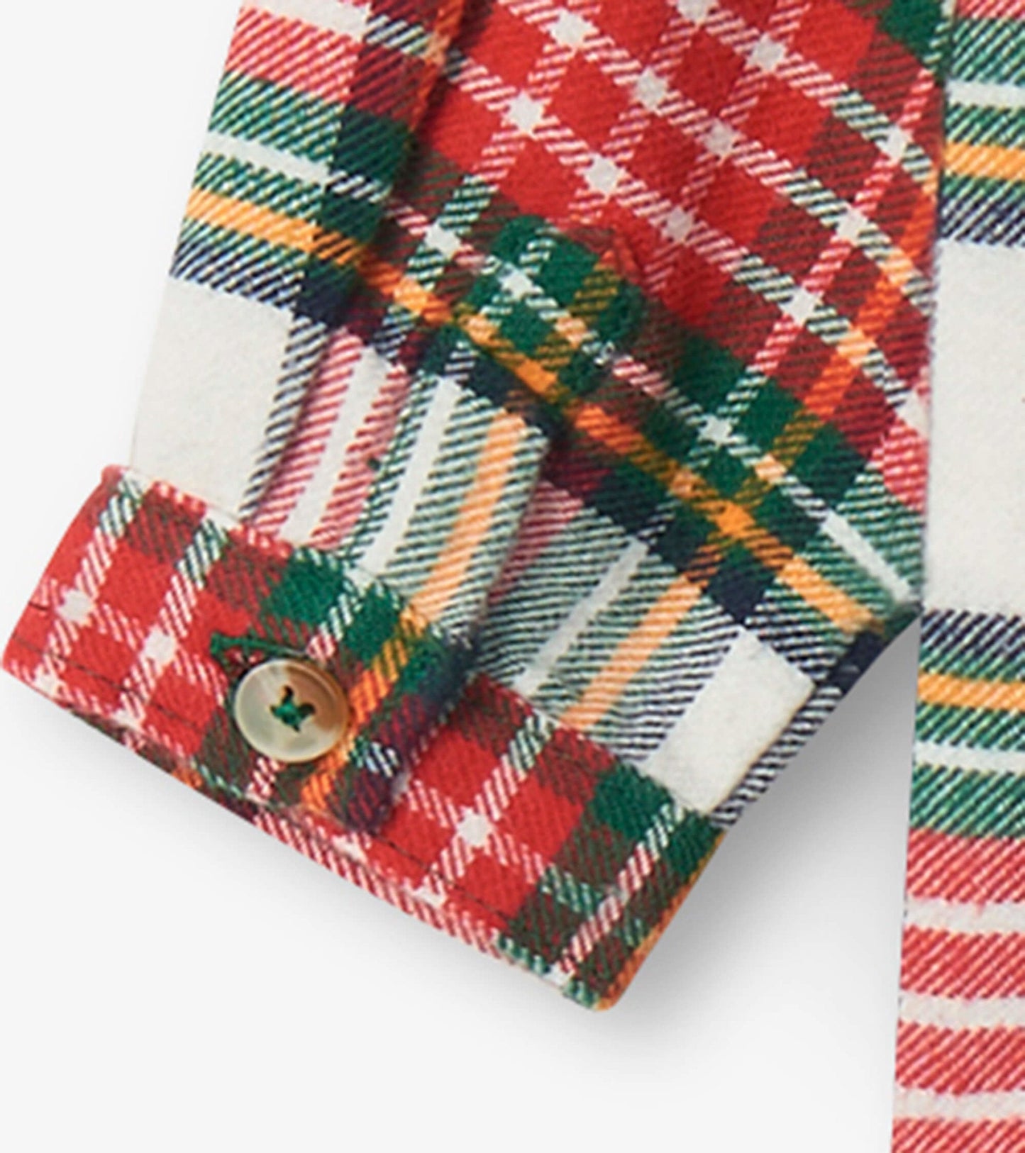 Red, green, and yellow plaid button-down shirt for babies, featuring a collar and buttoned cuff detail.
