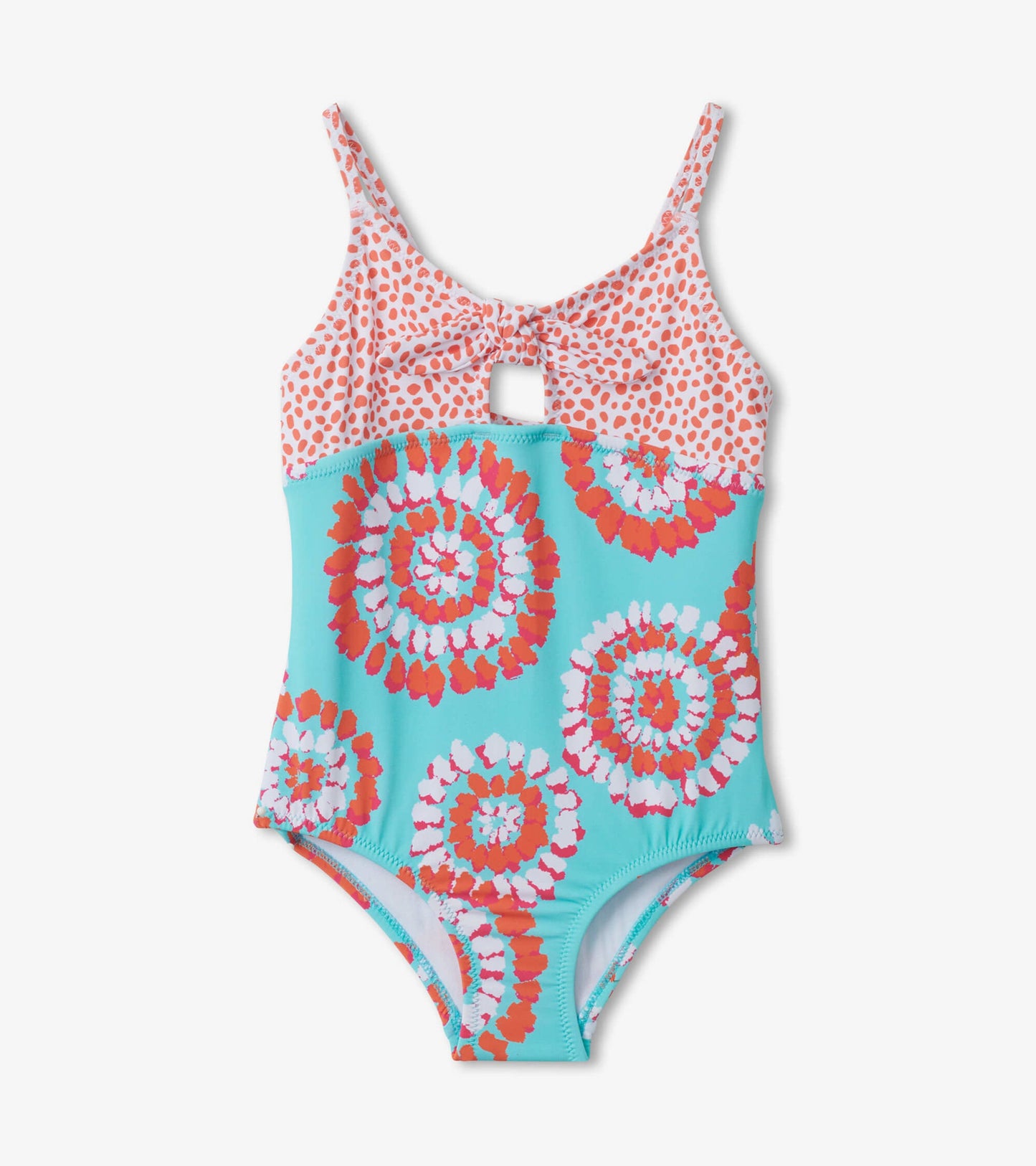 Colorful tie-front swimsuit featuring a pink and orange polka dot top and a turquoise bottom with spiral floral patterns.
