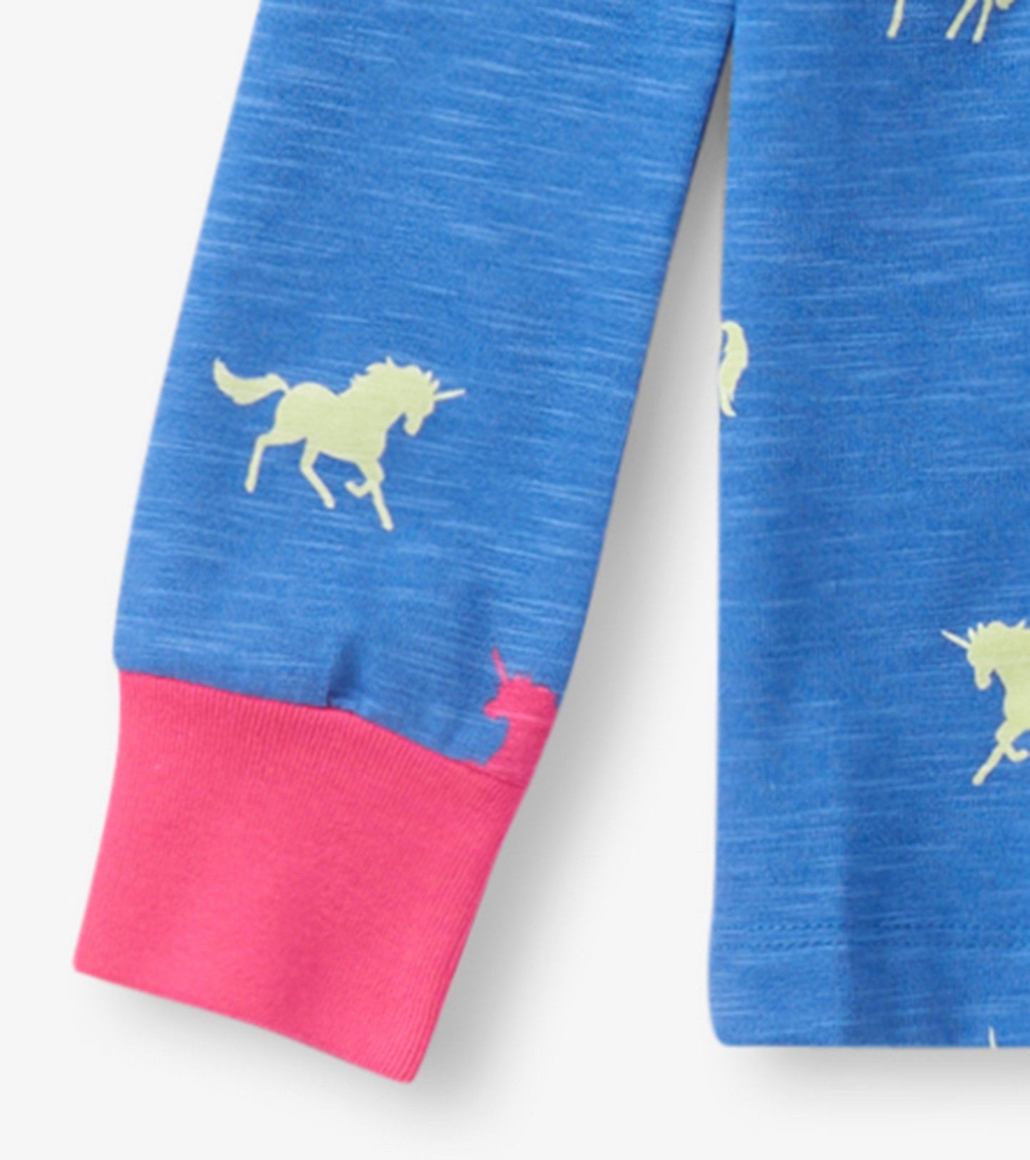 Blue pajama top with yellow unicorn prints and pink cuffs, designed for girls.